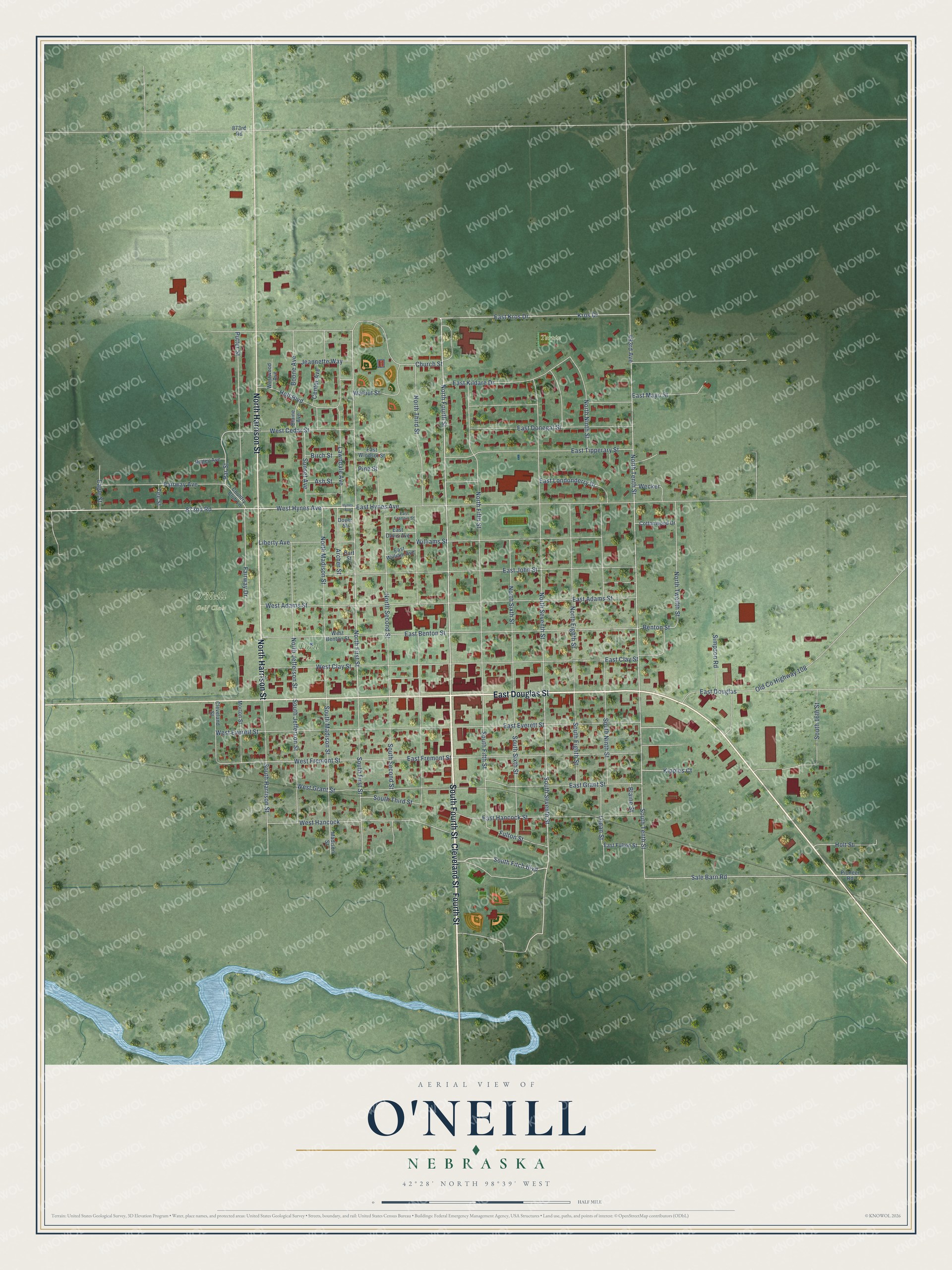 Full map of O'Neill, Nebraska, with red buildings, printed street names and the land around them
