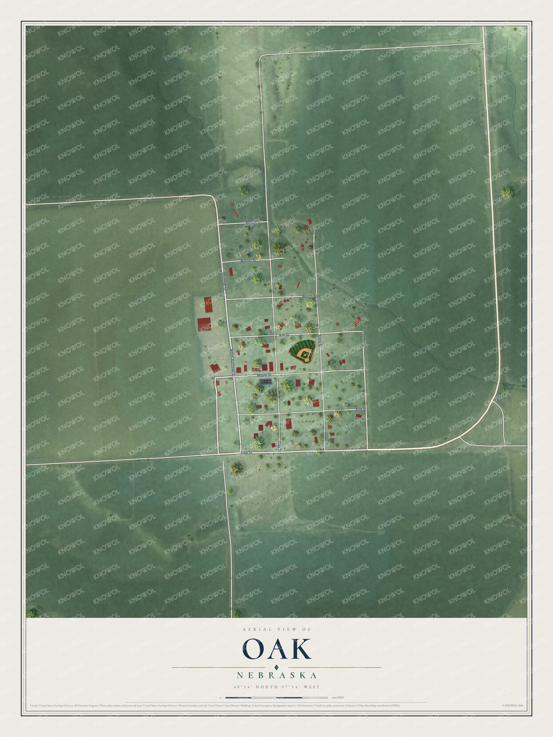 Full map of Oak, Nebraska, with red buildings, printed street names and the land around them