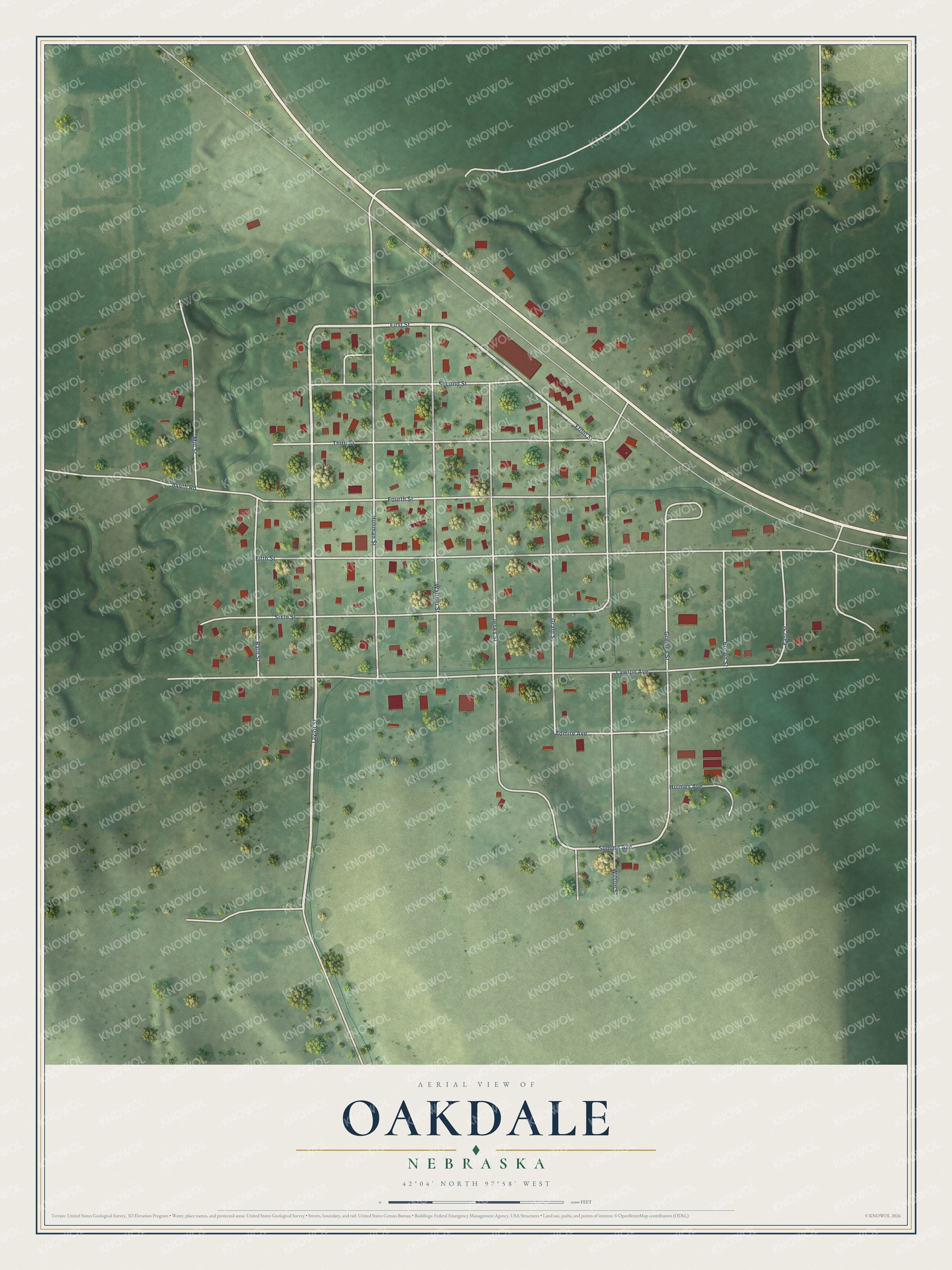 Watermarked full-map preview of Oakdale, Nebraska
