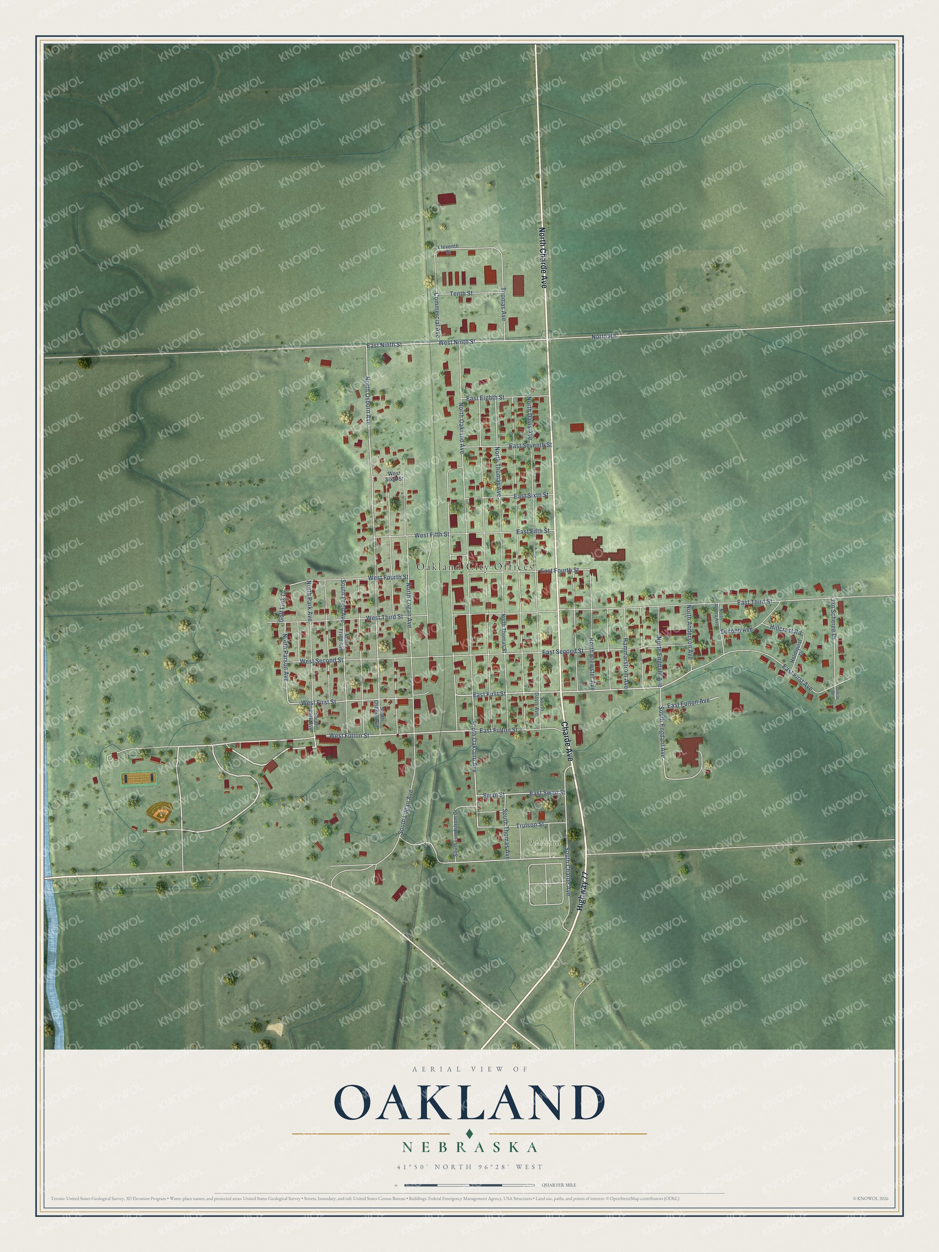 Full map of Oakland, Nebraska, with red buildings, printed street names and the land around them