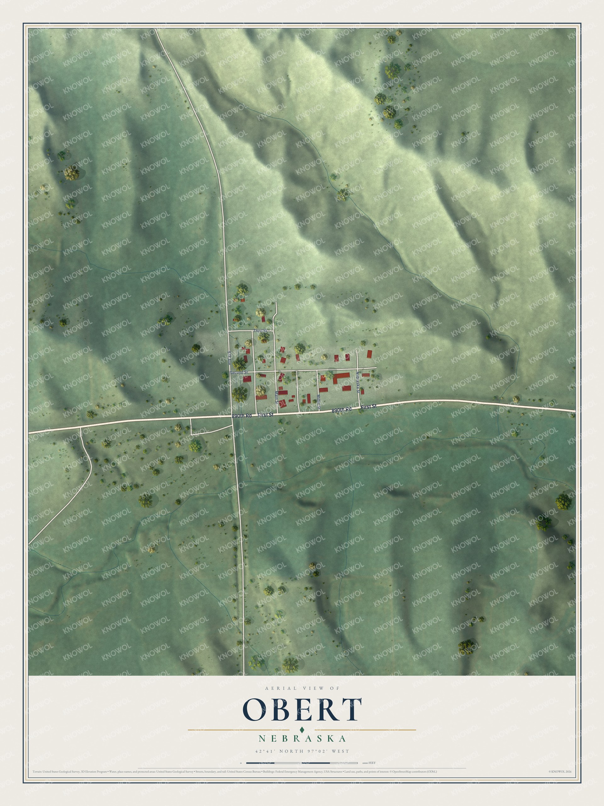 Full map of Obert, Nebraska, with red buildings, printed street names and the land around them