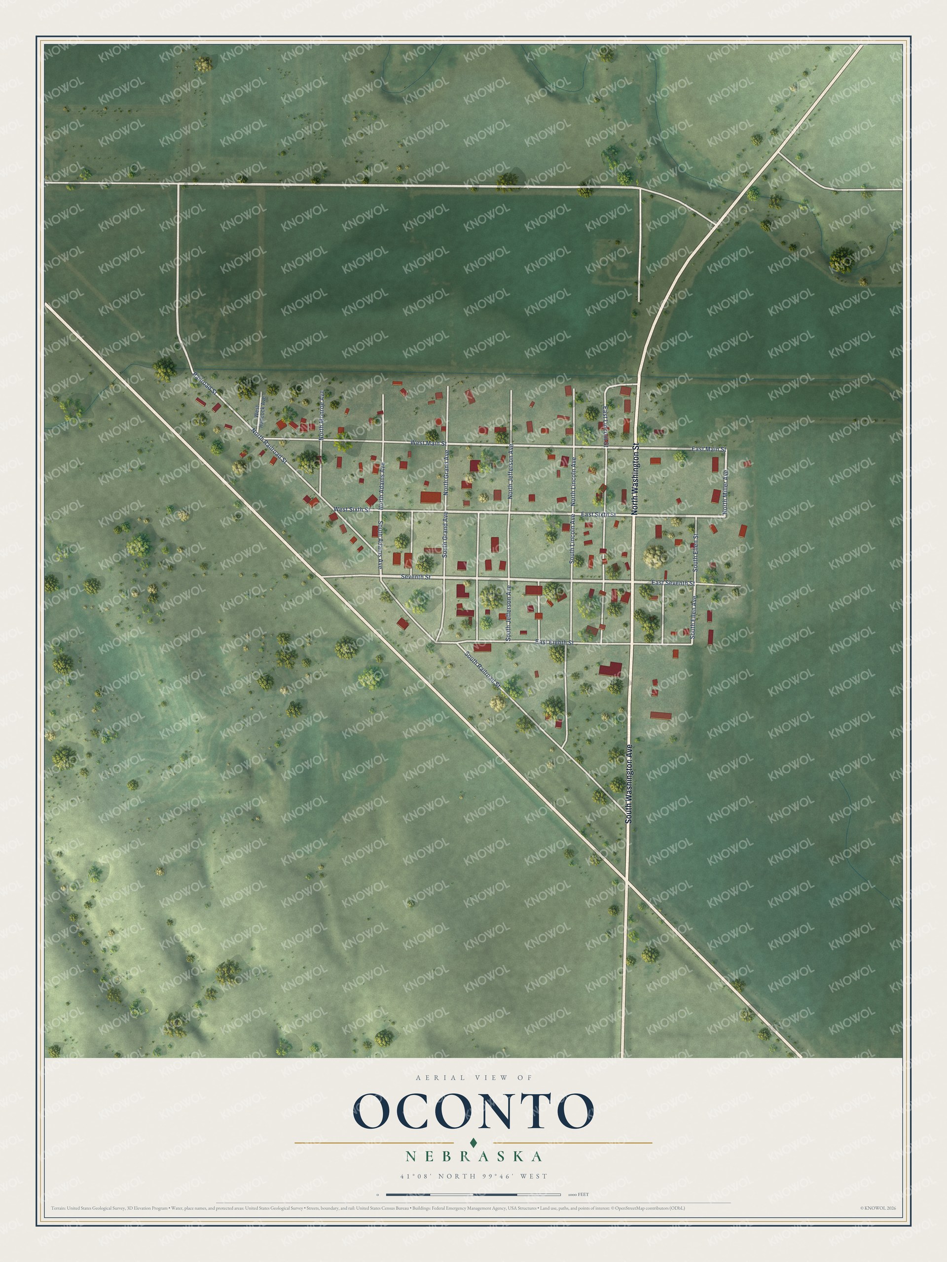 Full map of Oconto, Nebraska, with red buildings, printed street names and the land around them