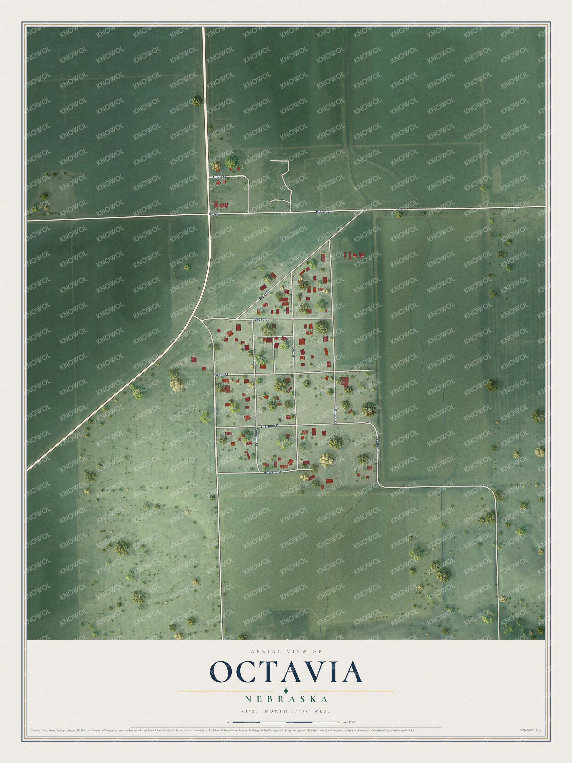 Full map of Octavia, Nebraska, with red buildings, printed street names and the land around them