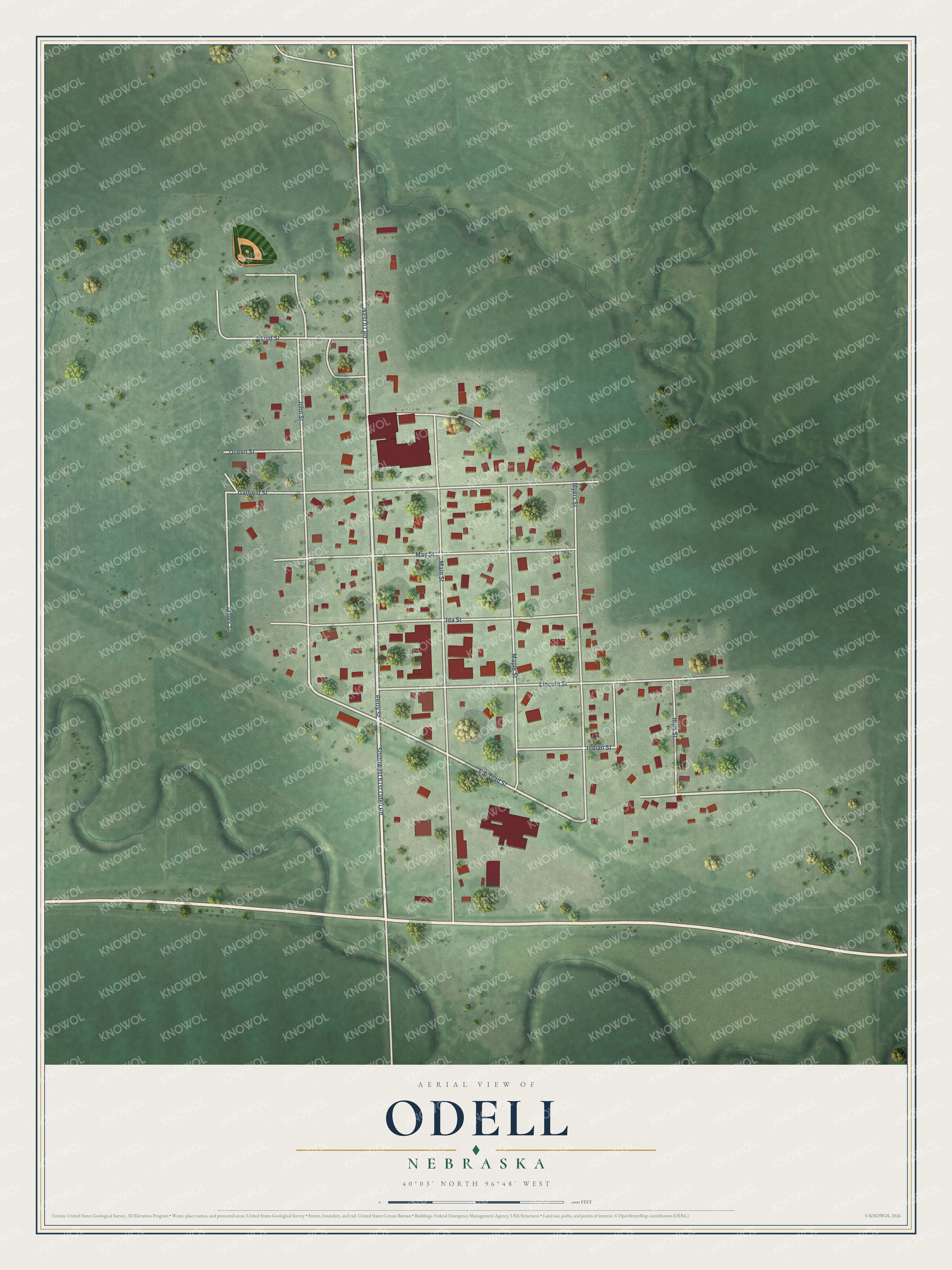 Full map of Odell, Nebraska, with red buildings, printed street names and the land around them