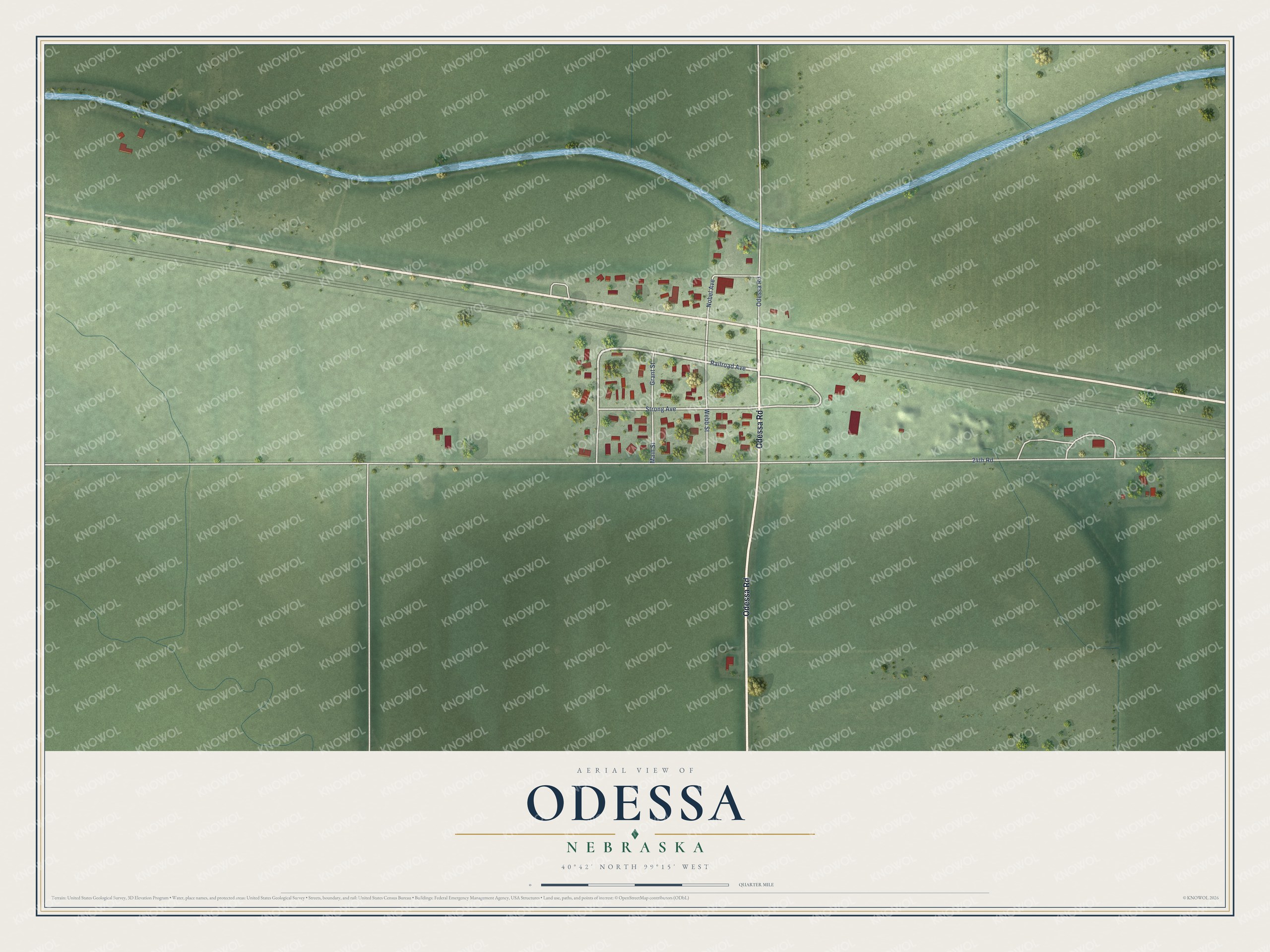 Full map of Odessa, Nebraska, with red buildings, printed street names and the land around them