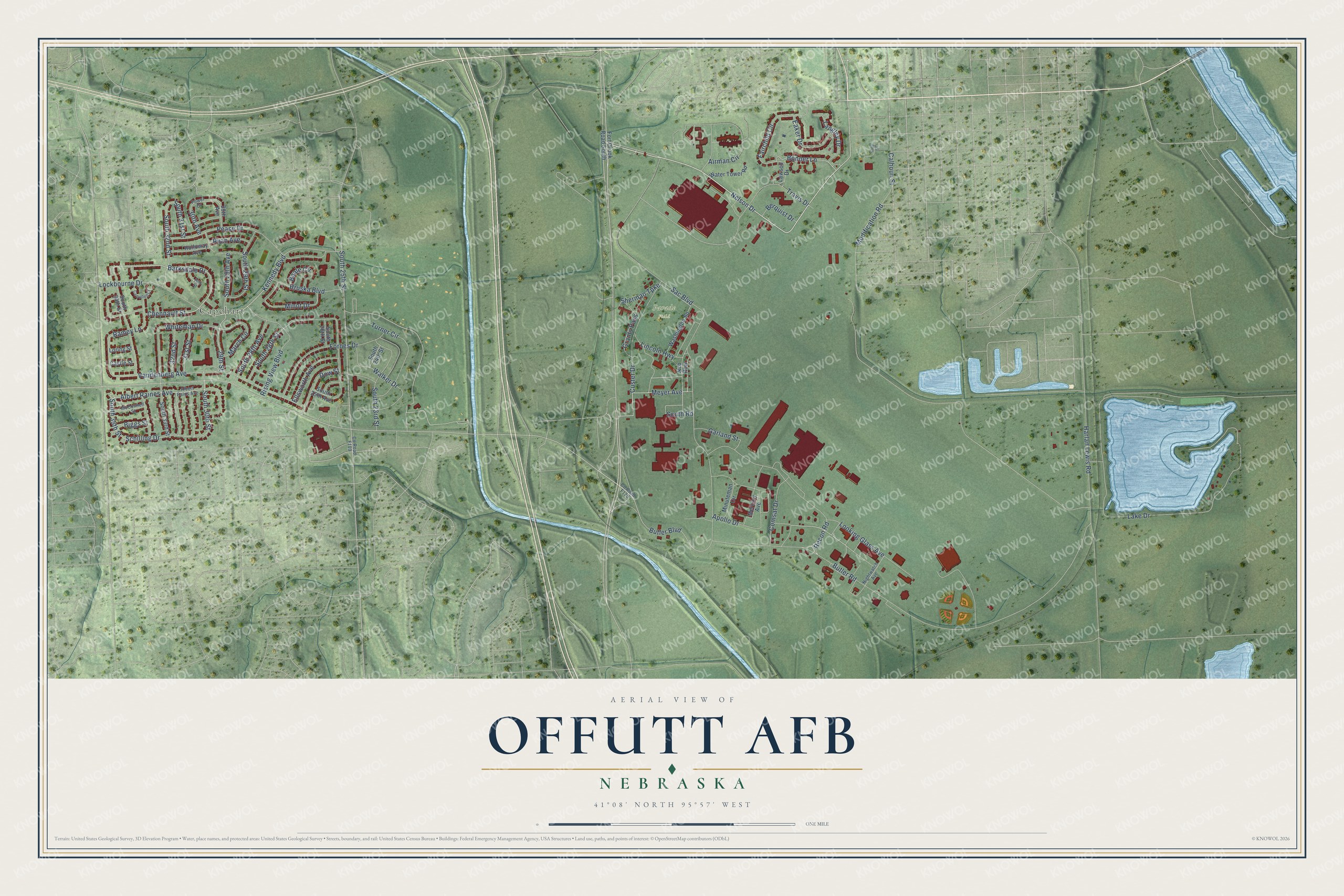 Full map of Offutt AFB, Nebraska, with red buildings, printed street names and the land around them
