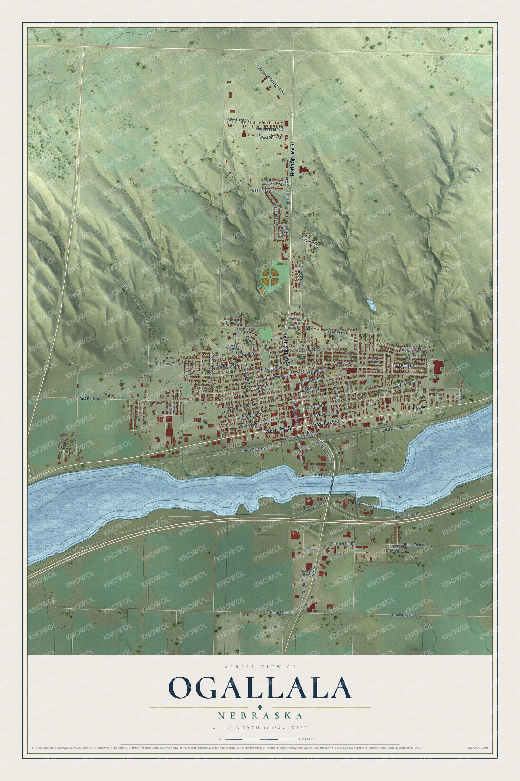 Watermarked full-map preview of Ogallala, Nebraska