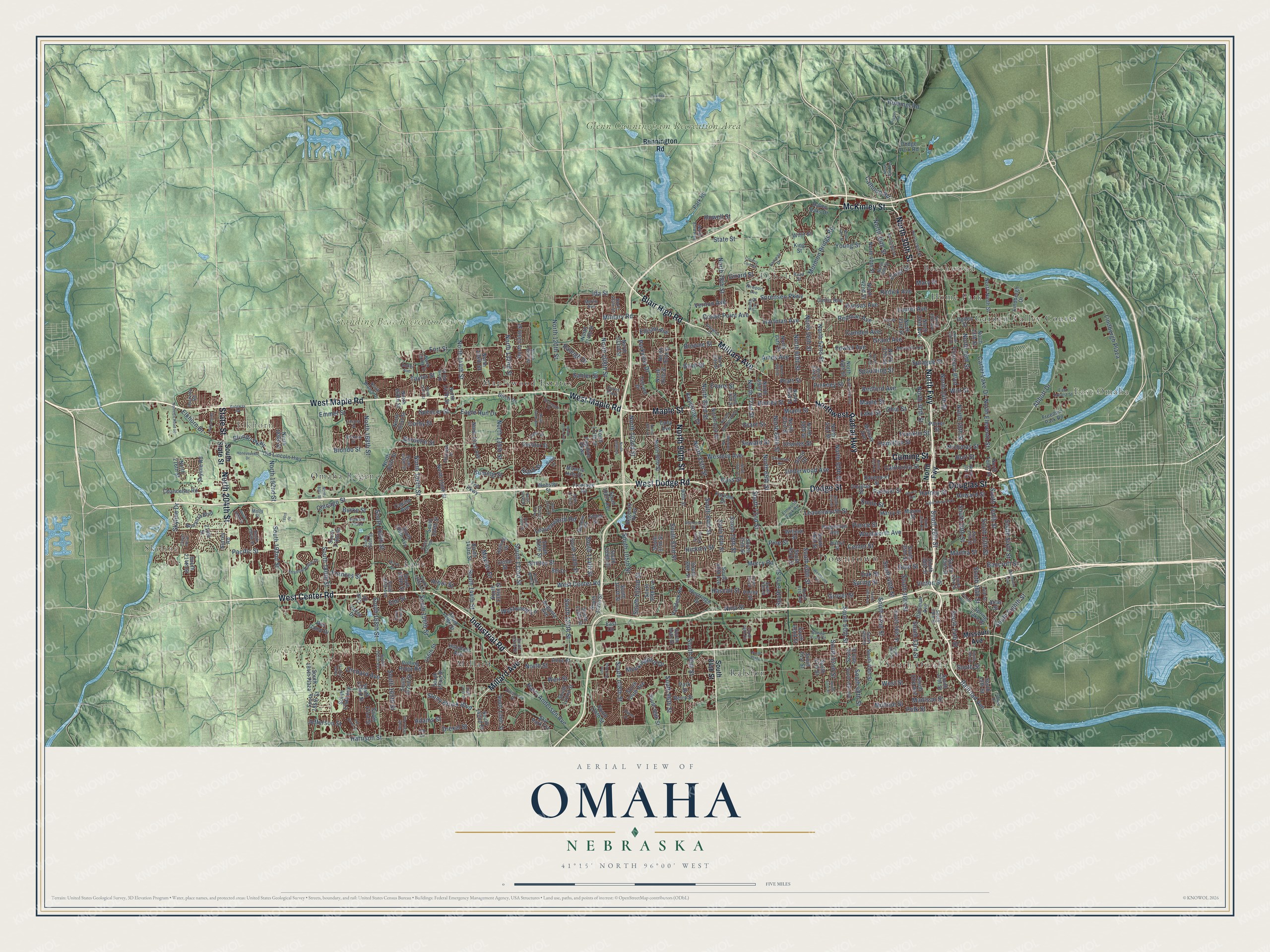Full map of Omaha, Nebraska, with red buildings, printed street names and the land around them
