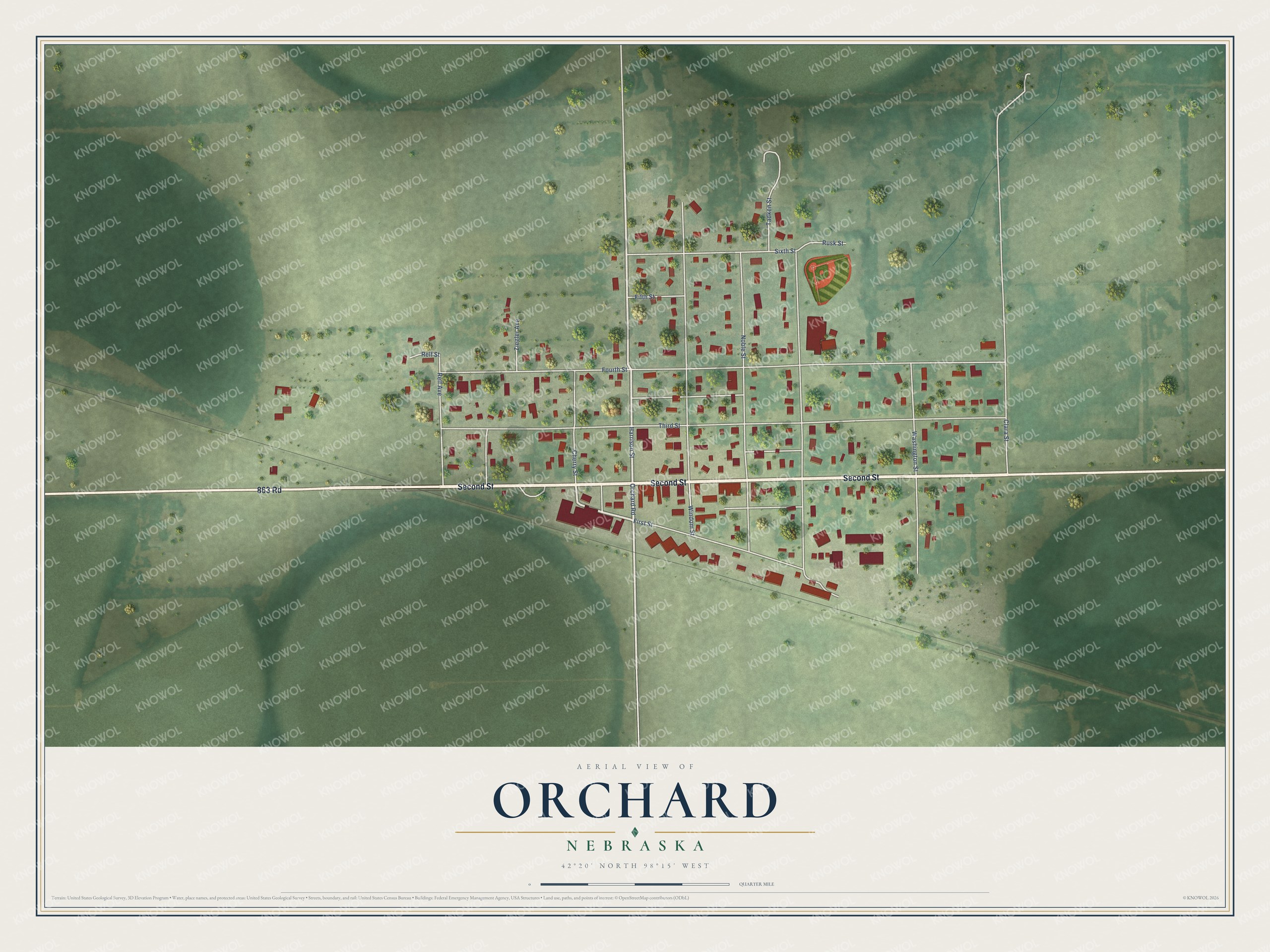 Full map of Orchard, Nebraska, with red buildings, printed street names and the land around them