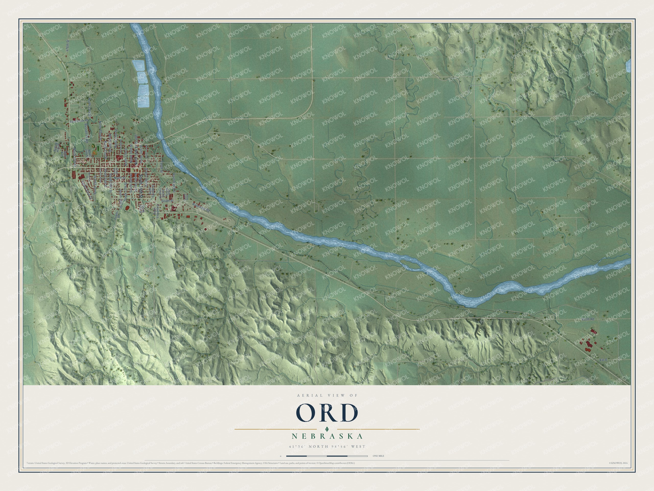 Full map of Ord, Nebraska, with red buildings, printed street names and the land around them