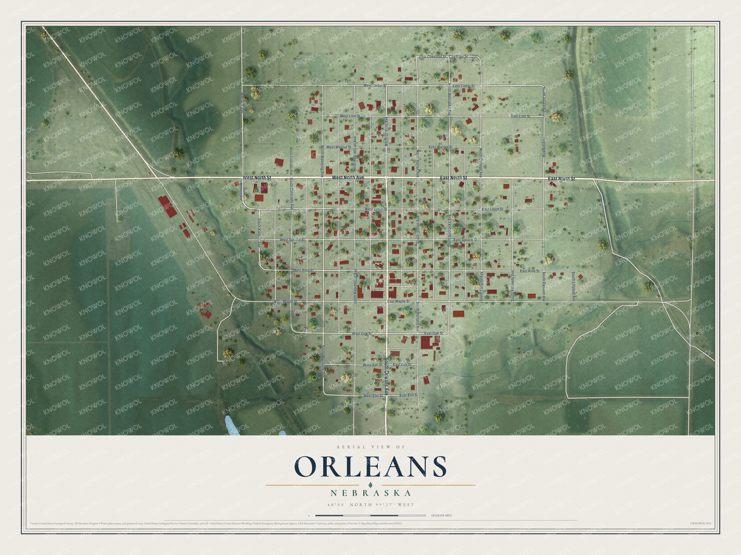 Full map of Orleans, Nebraska, with red buildings, printed street names and the land around them