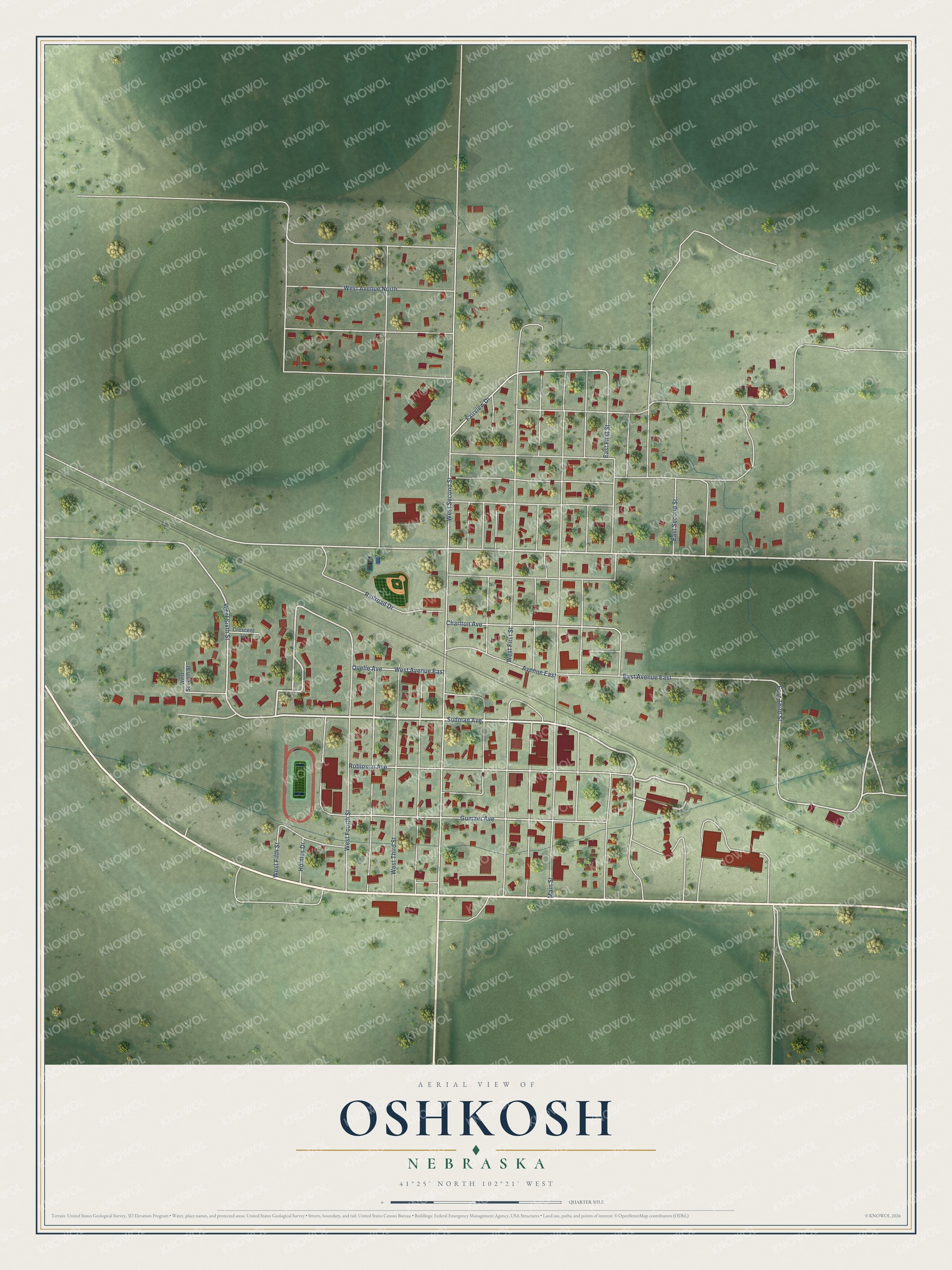 Full map of Oshkosh, Nebraska, with red buildings, printed street names and the land around them