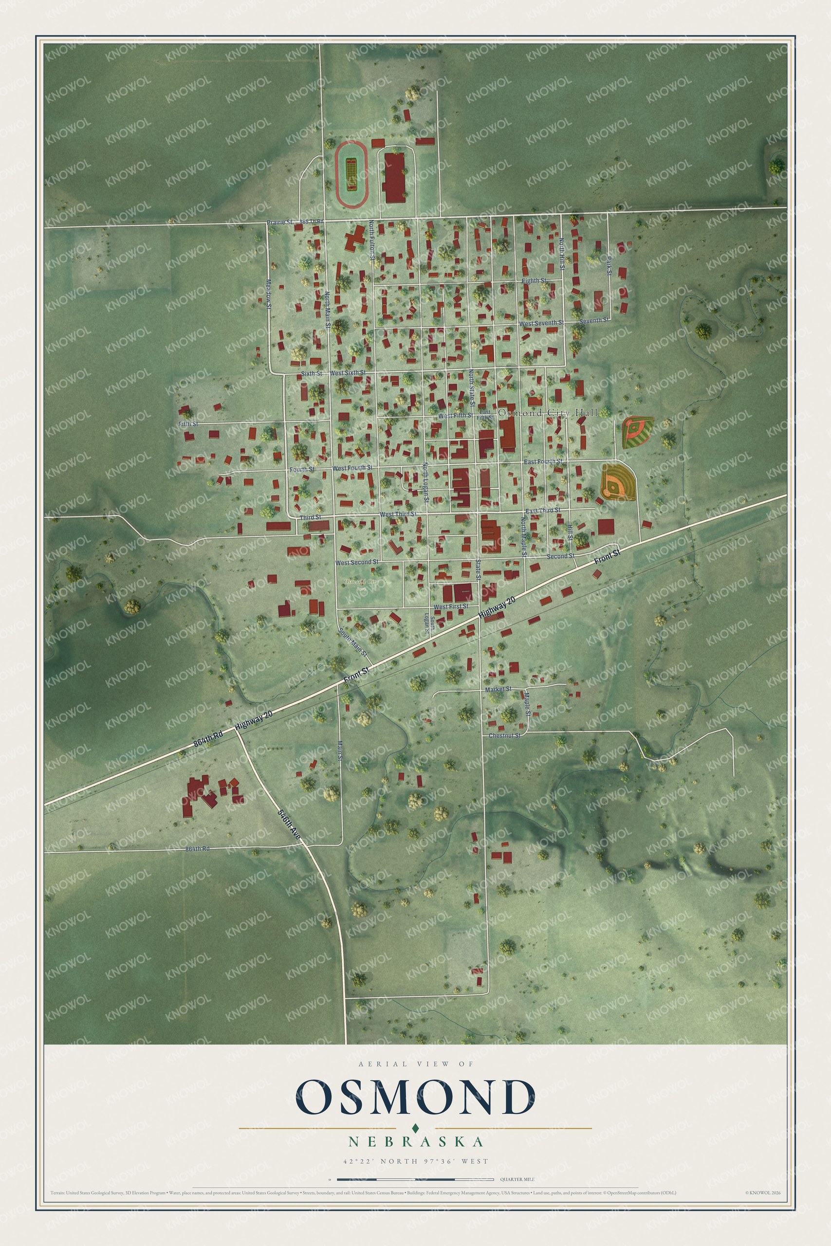 Full map of Osmond, Nebraska, with red buildings, printed street names and the land around them