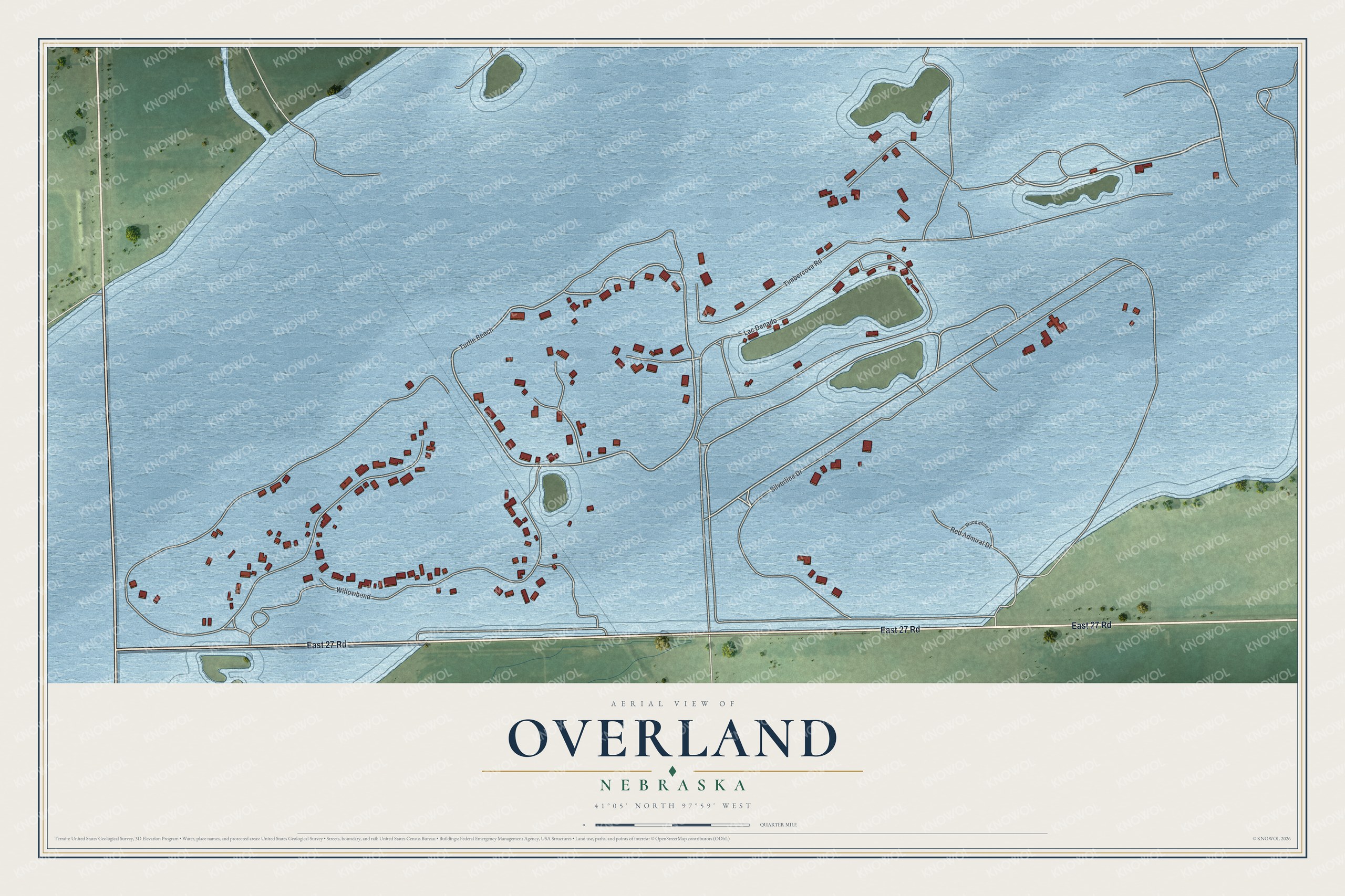 Full map of Overland, Nebraska, with red buildings, printed street names and the land around them