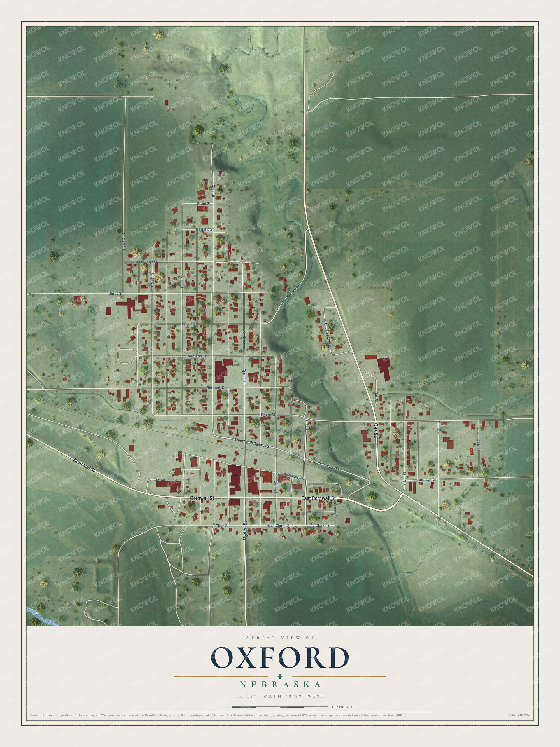 Full map of Oxford, Nebraska, with red buildings, printed street names and the land around them