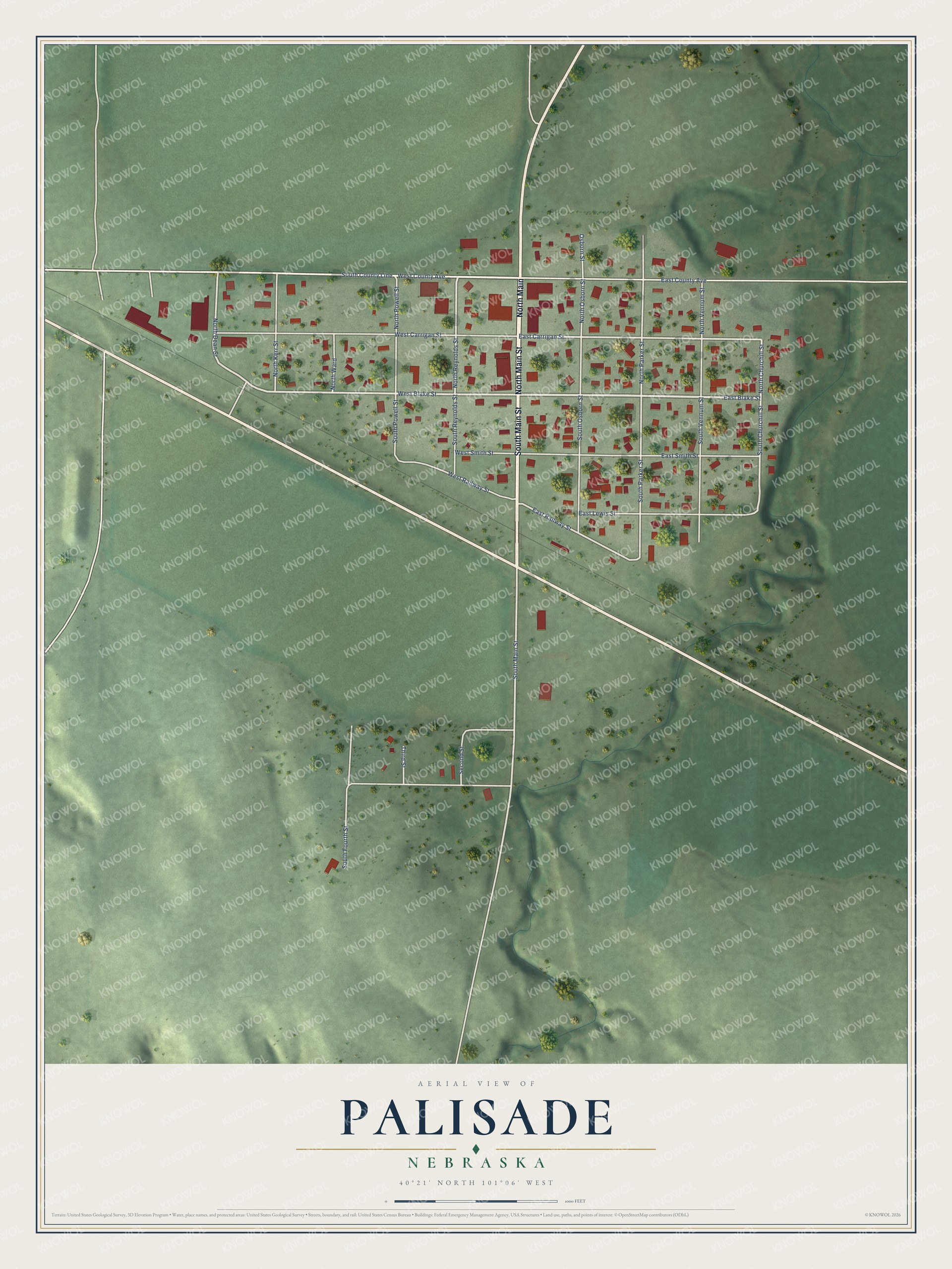 Full map of Palisade, Nebraska, with red buildings, printed street names and the land around them