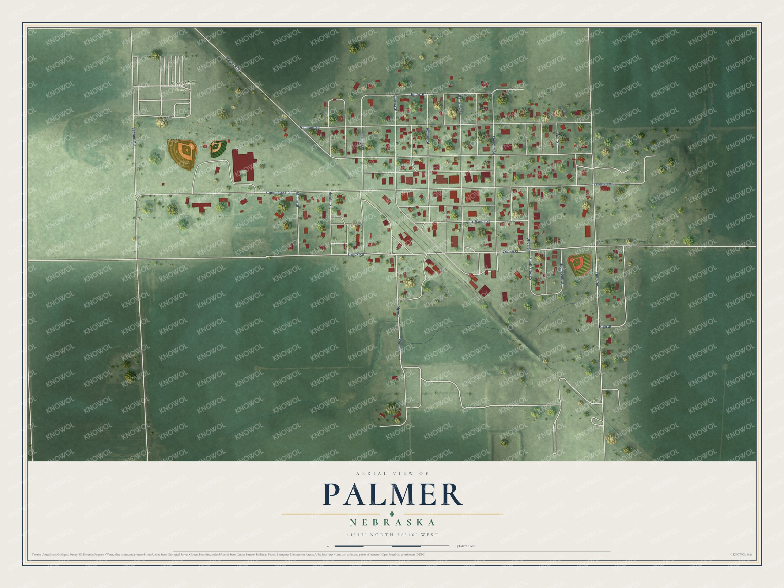 Full map of Palmer, Nebraska, with red buildings, printed street names and the land around them