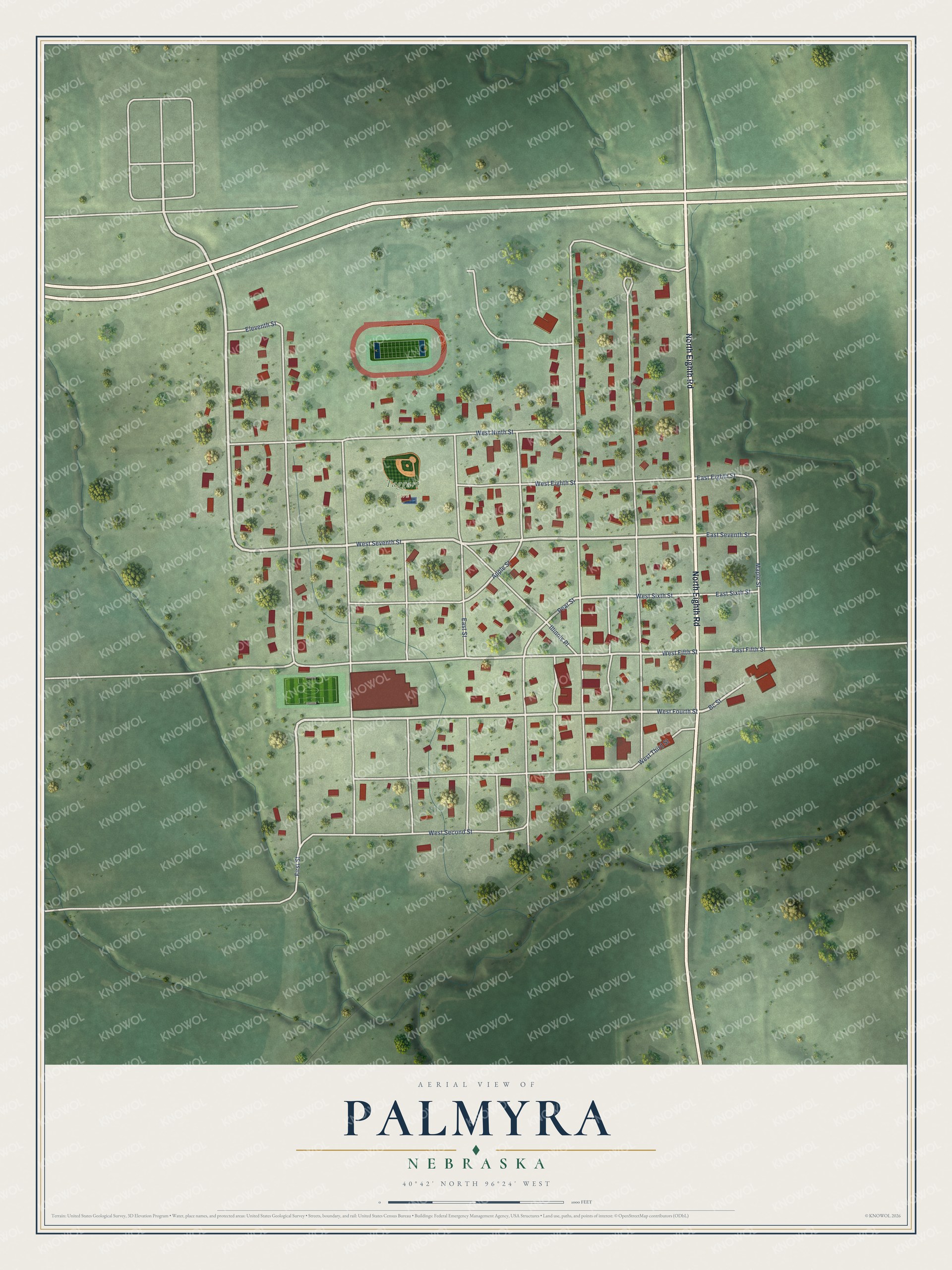 Full map of Palmyra, Nebraska, with red buildings, printed street names and the land around them