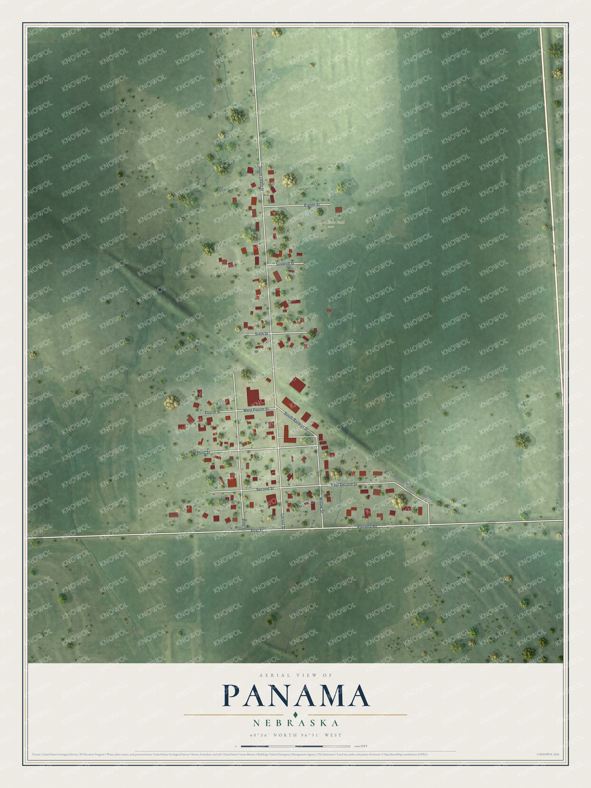 Full map of Panama, Nebraska, with red buildings, printed street names and the land around them