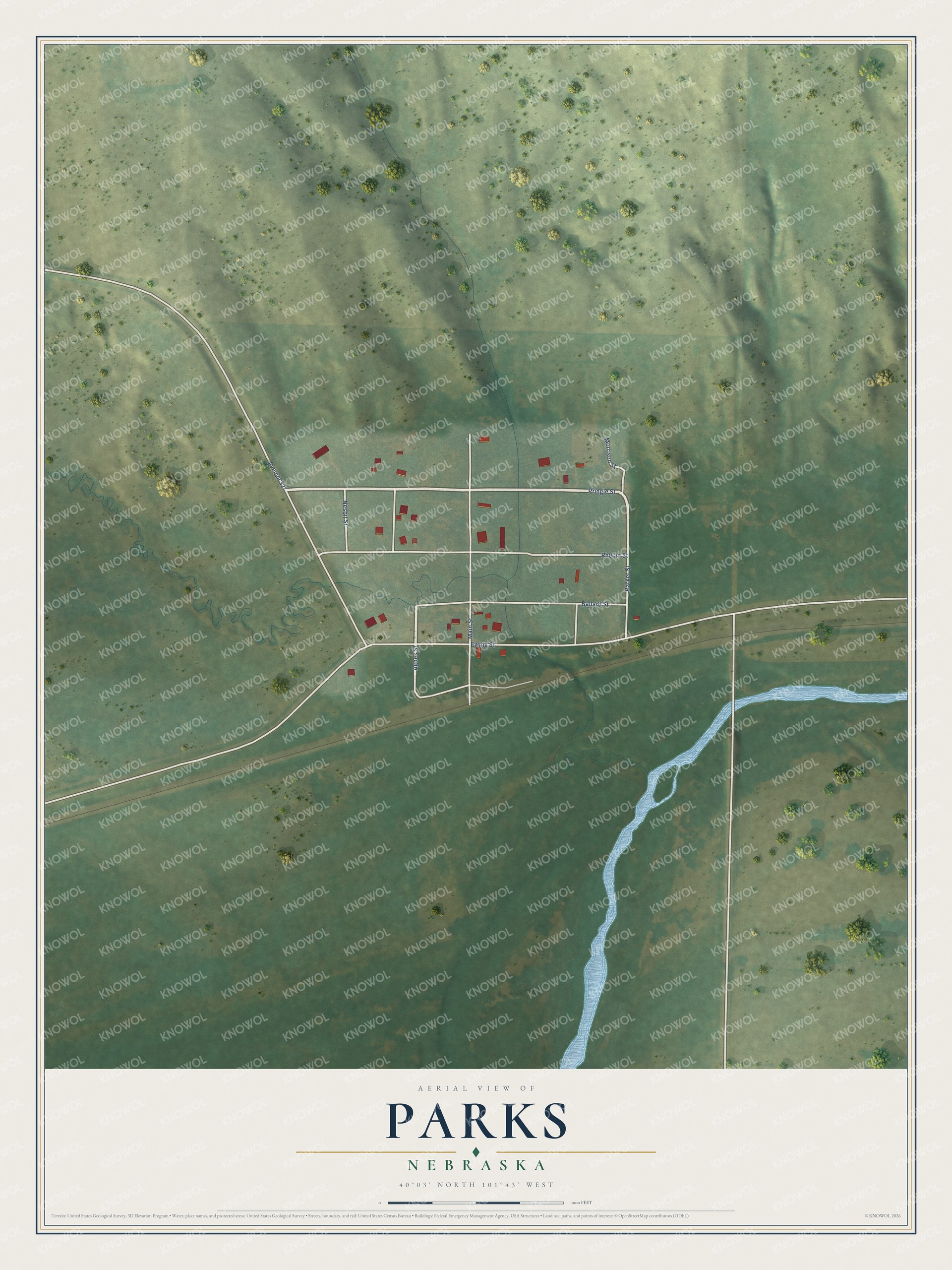 Full map of Parks, Nebraska, with red buildings, printed street names and the land around them