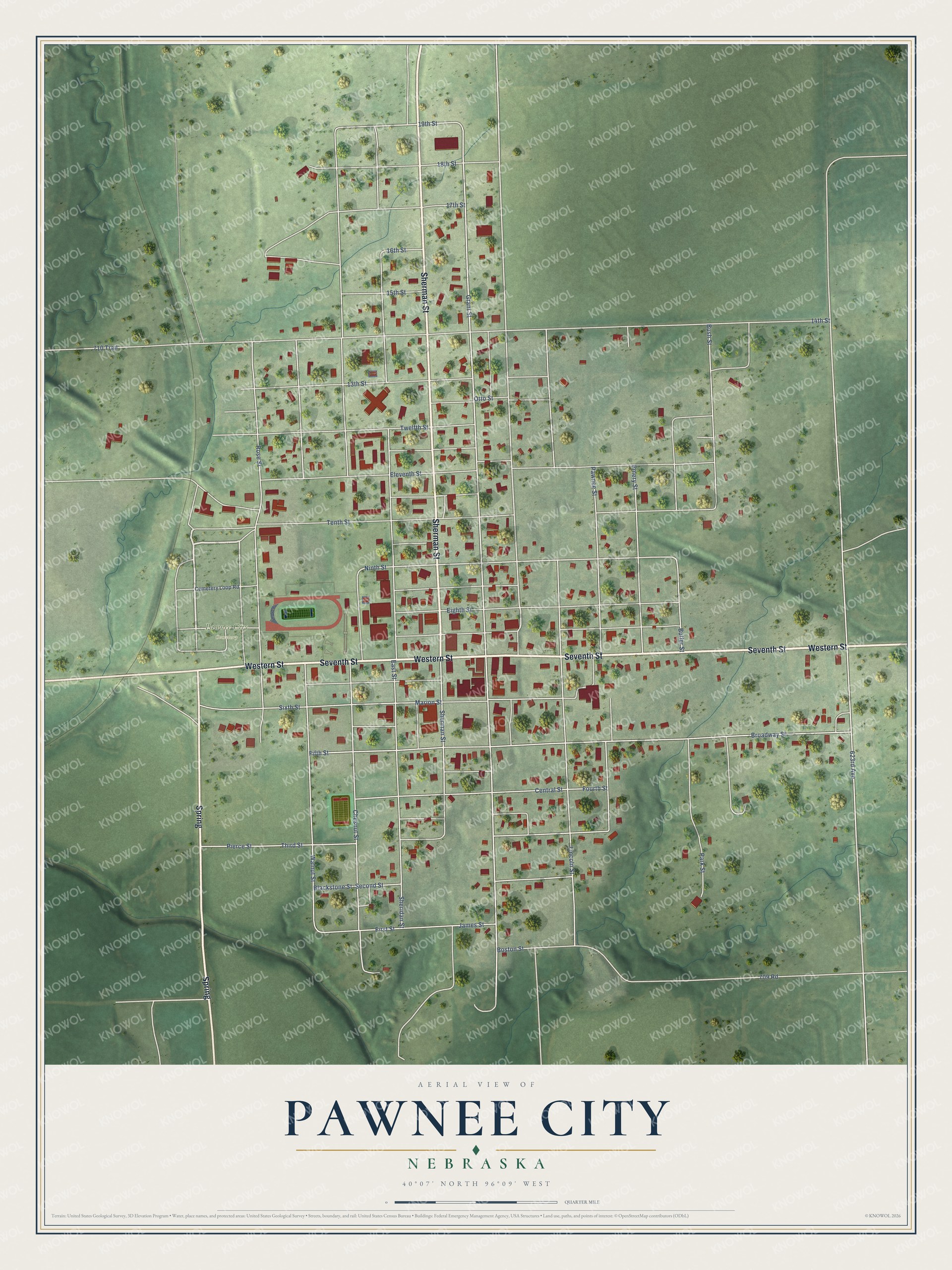 Full map of Pawnee City, Nebraska, with red buildings, printed street names and the land around them