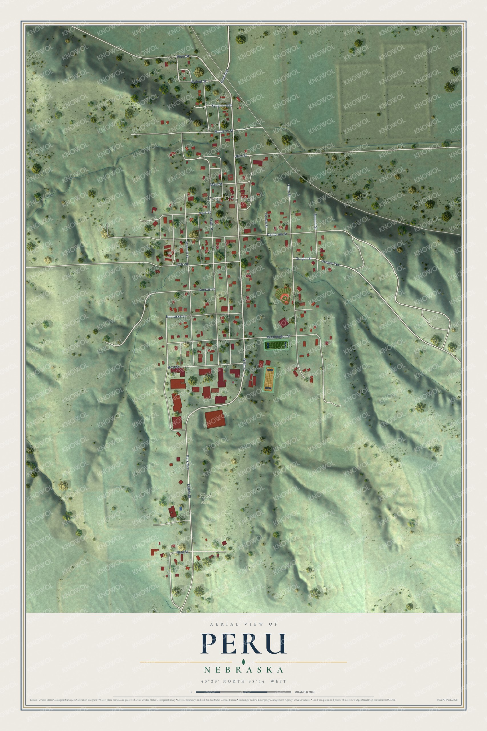 Full map of Peru, Nebraska, with red buildings, printed street names and the land around them