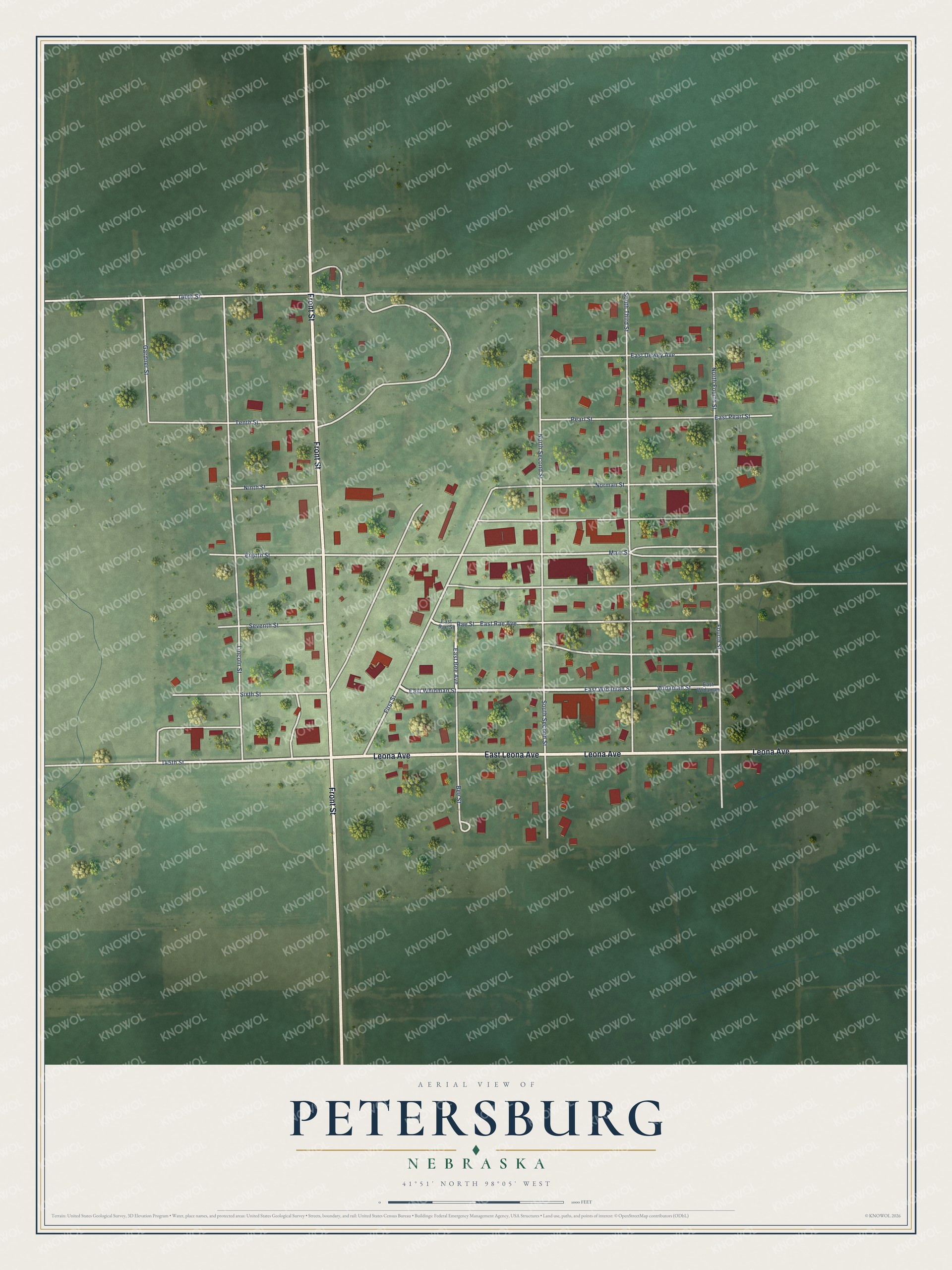 Full map of Petersburg, Nebraska, with red buildings, printed street names and the land around them