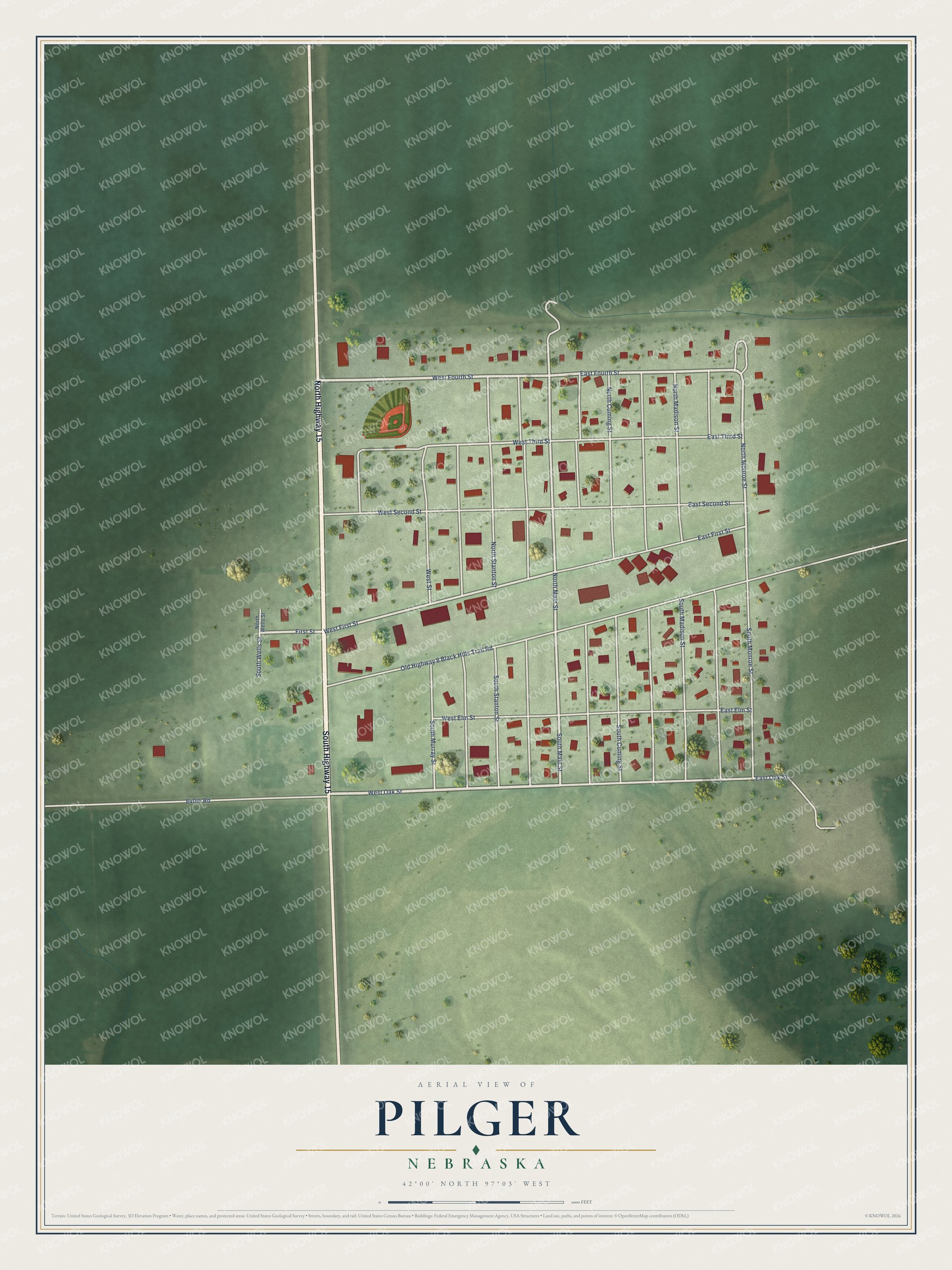 Full map of Pilger, Nebraska, with red buildings, printed street names and the land around them