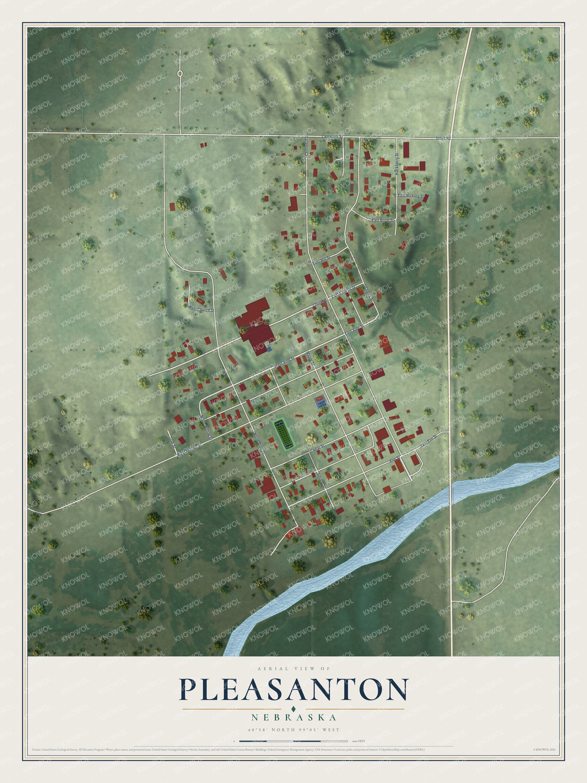 Full map of Pleasanton, Nebraska, with red buildings, printed street names and the land around them