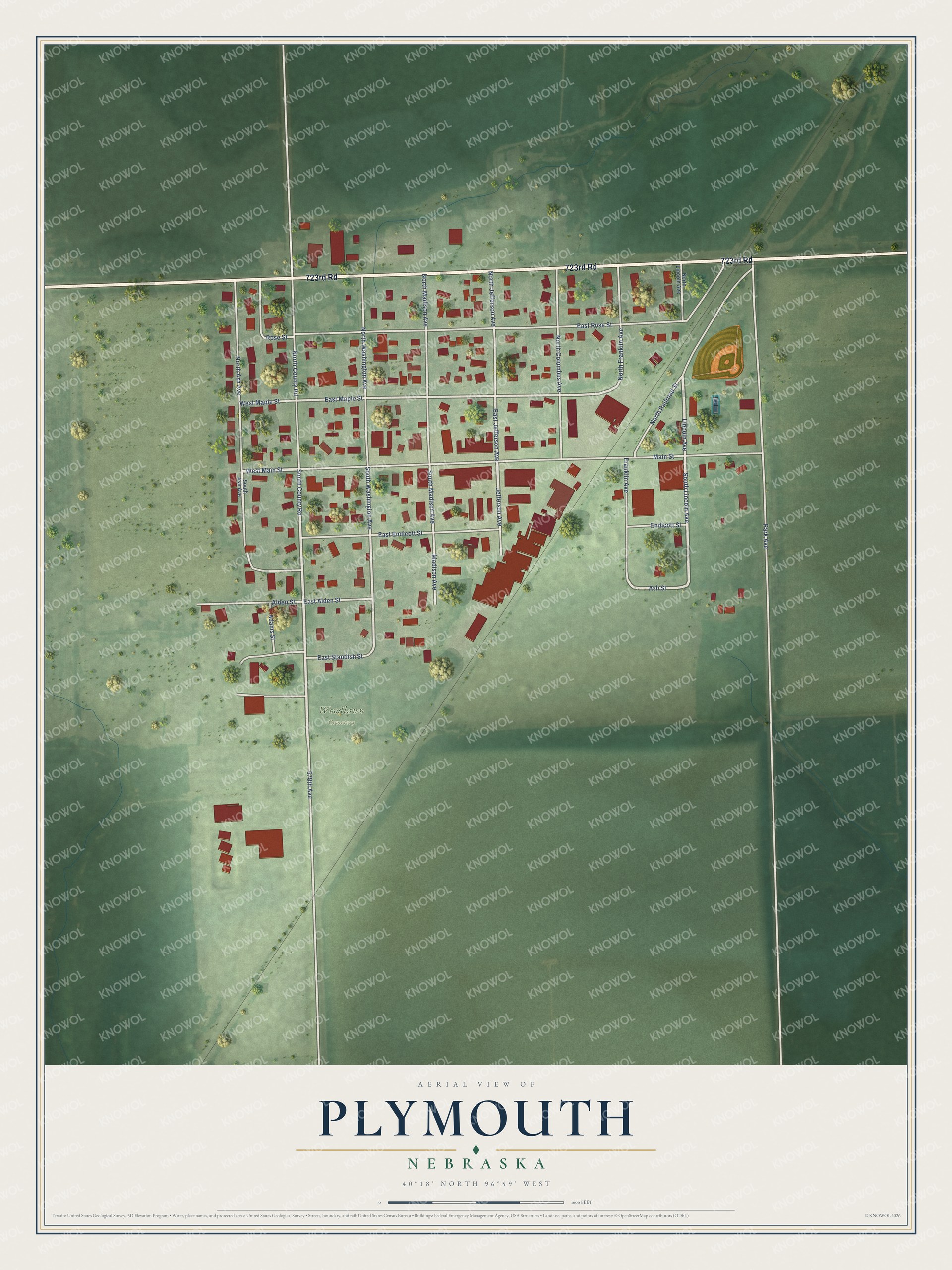 Full map of Plymouth, Nebraska, with red buildings, printed street names and the land around them