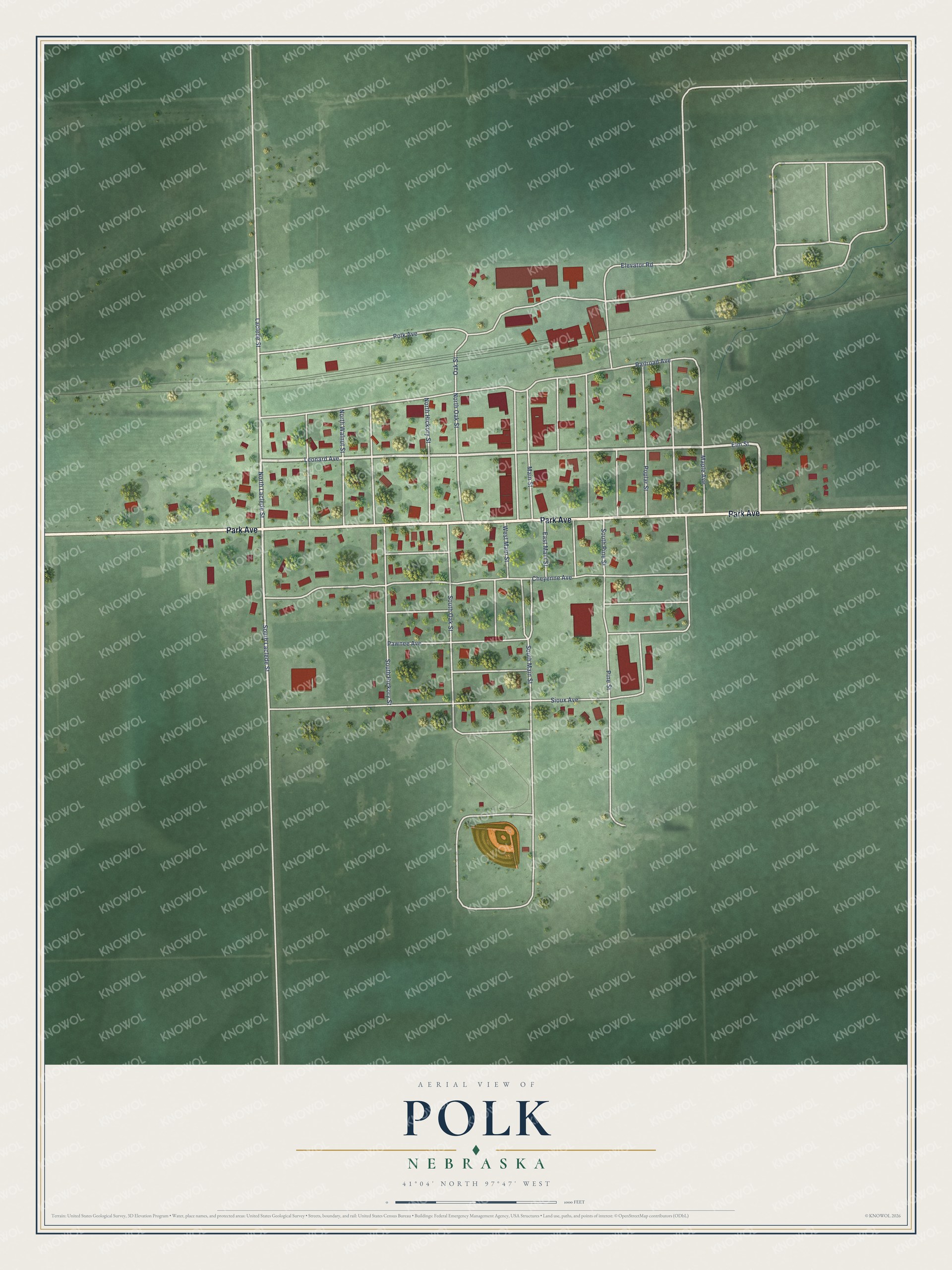 Full map of Polk, Nebraska, with red buildings, printed street names and the land around them