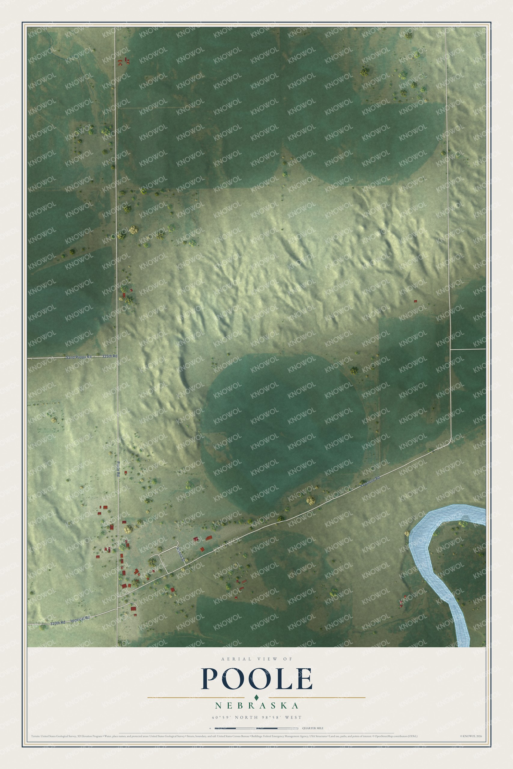 Full map of Poole, Nebraska, with red buildings, printed street names and the land around them