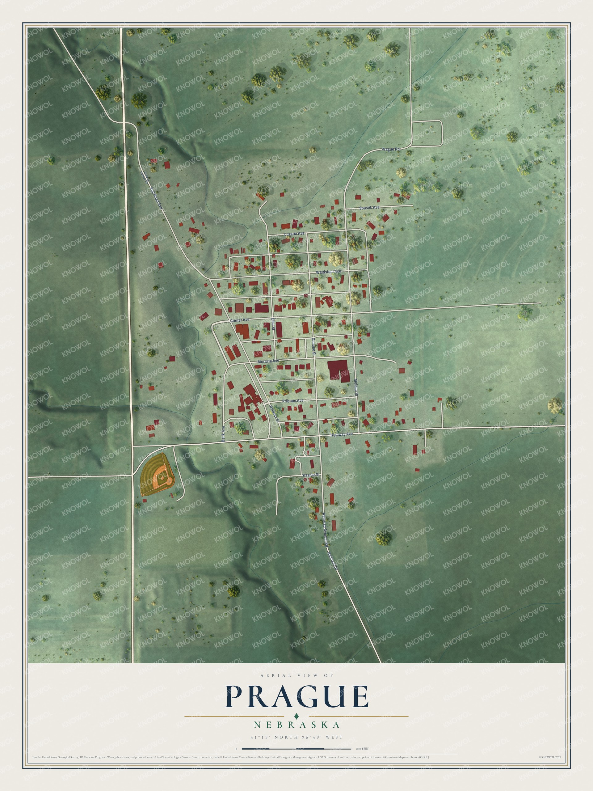 Full map of Prague, Nebraska, with red buildings, printed street names and the land around them