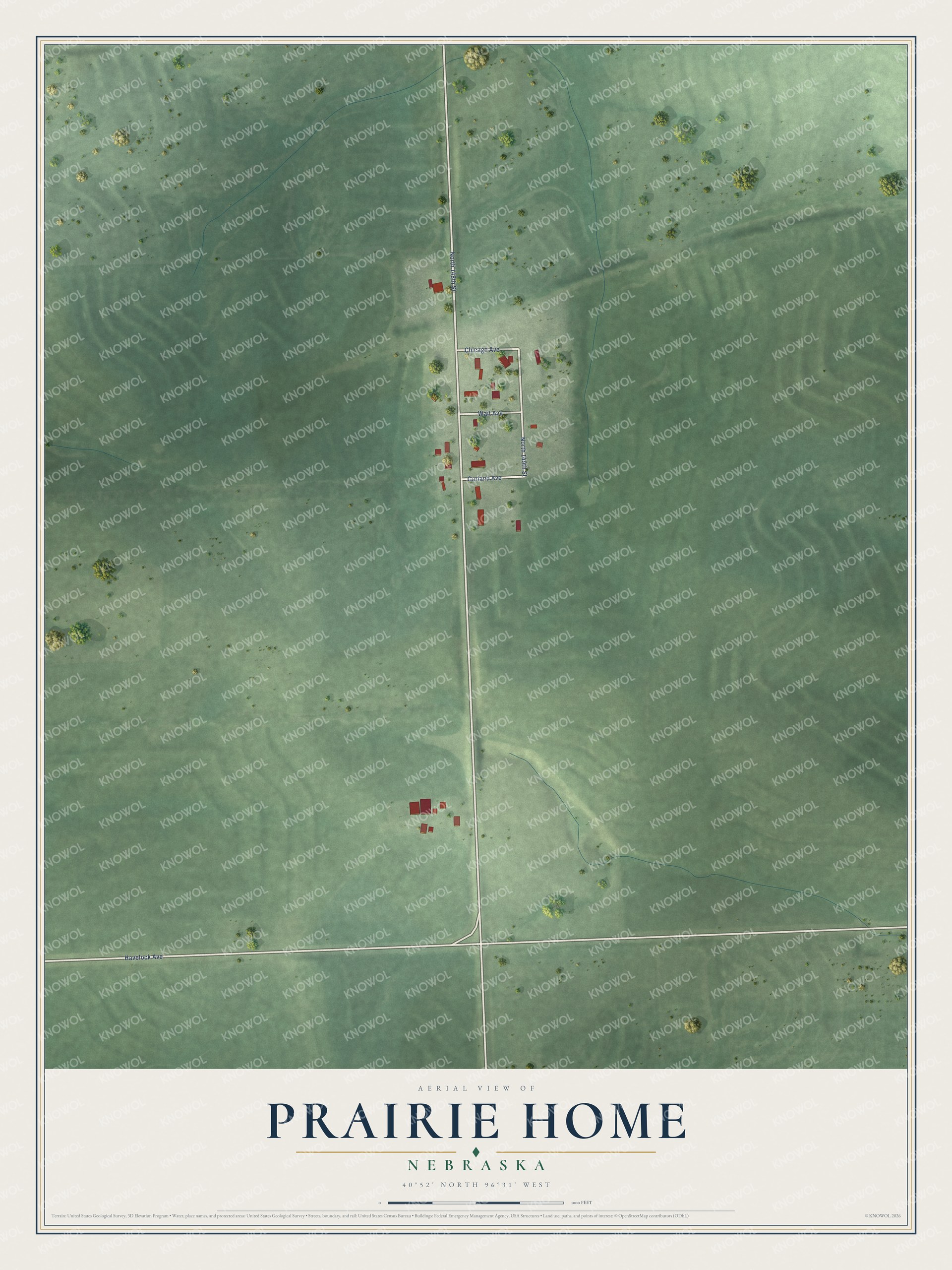 Full map of Prairie Home, Nebraska, with red buildings, printed street names and the land around them