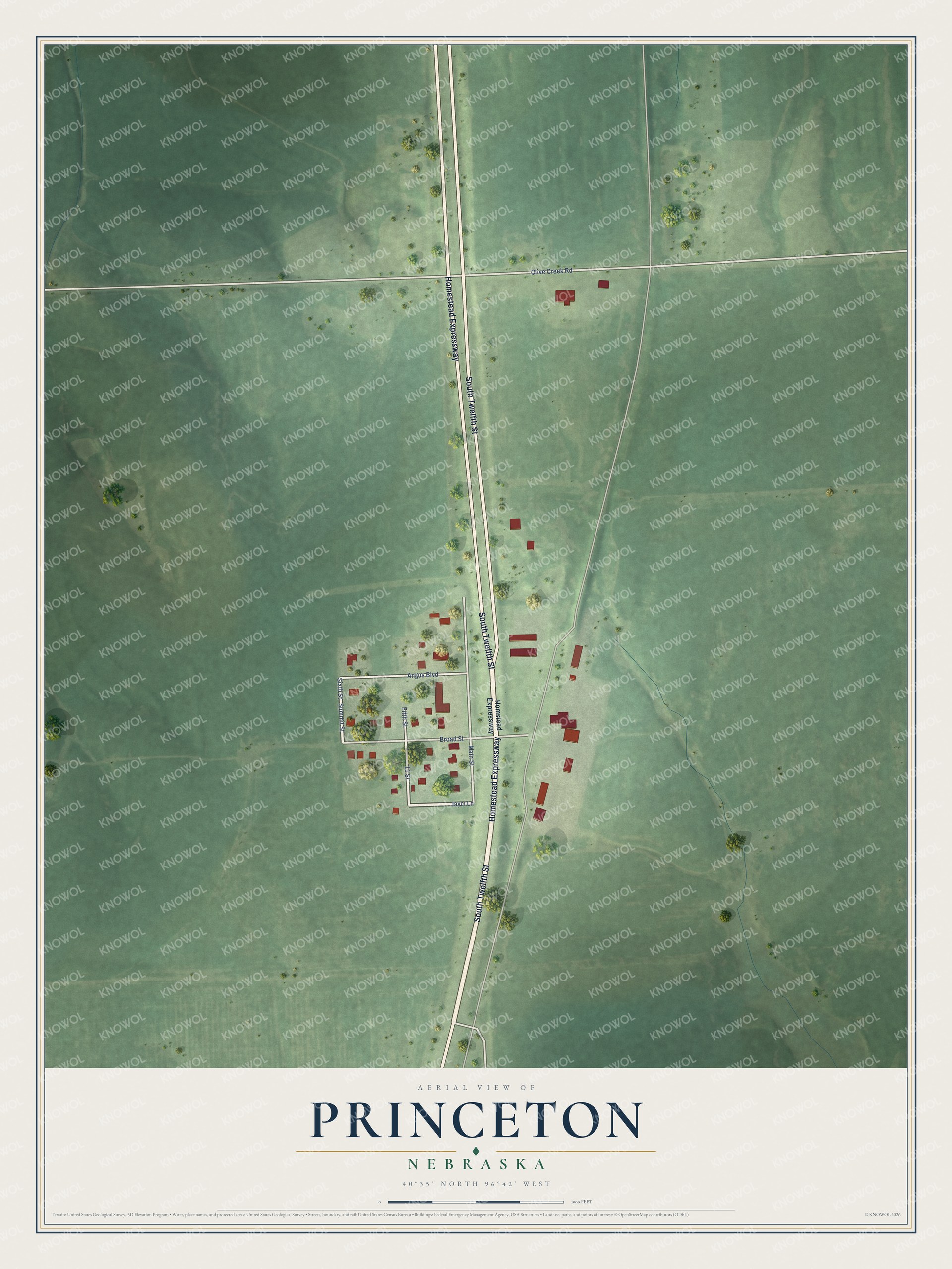 Full map of Princeton, Nebraska, with red buildings, printed street names and the land around them