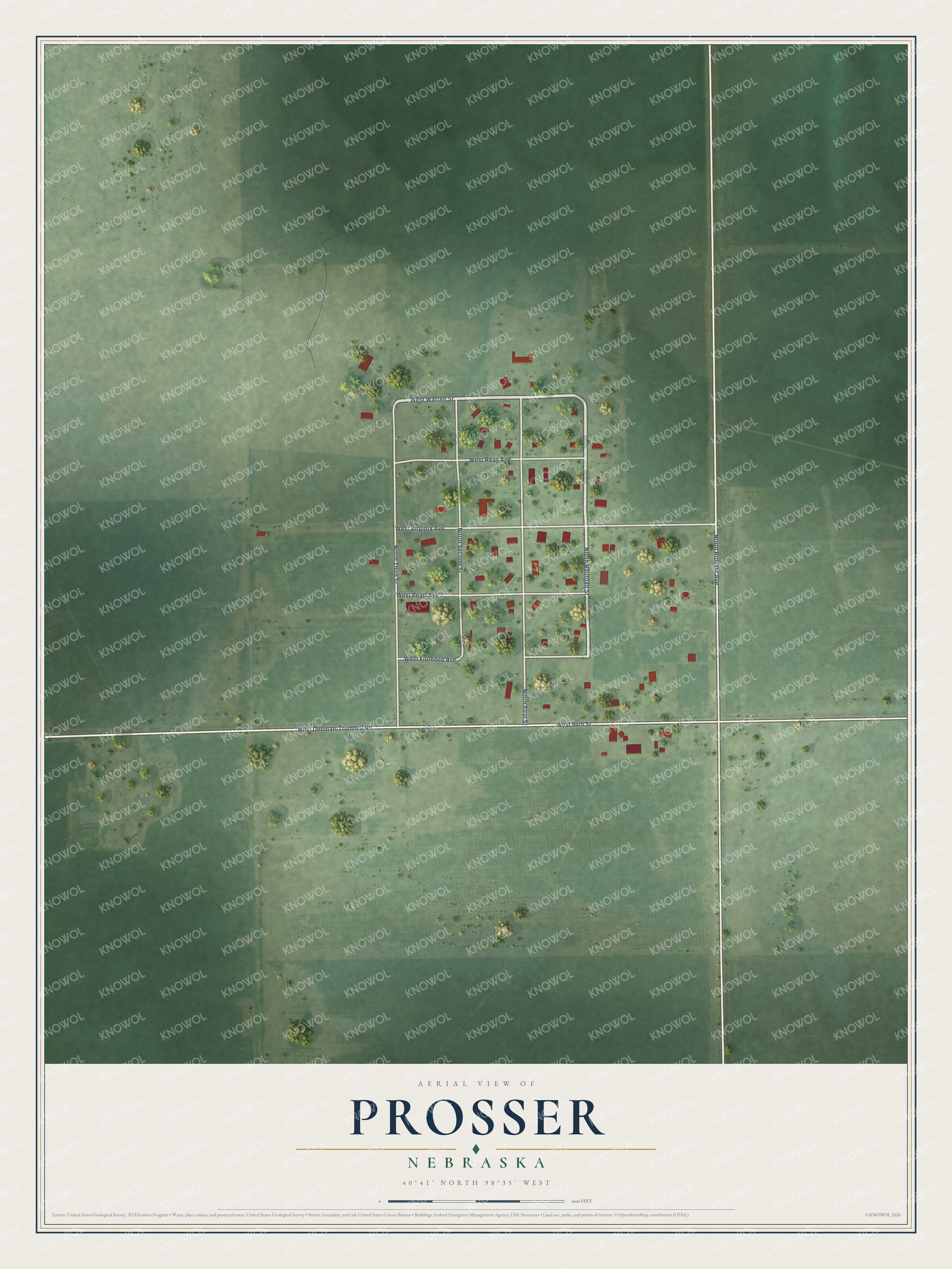 Full map of Prosser, Nebraska, with red buildings, printed street names and the land around them