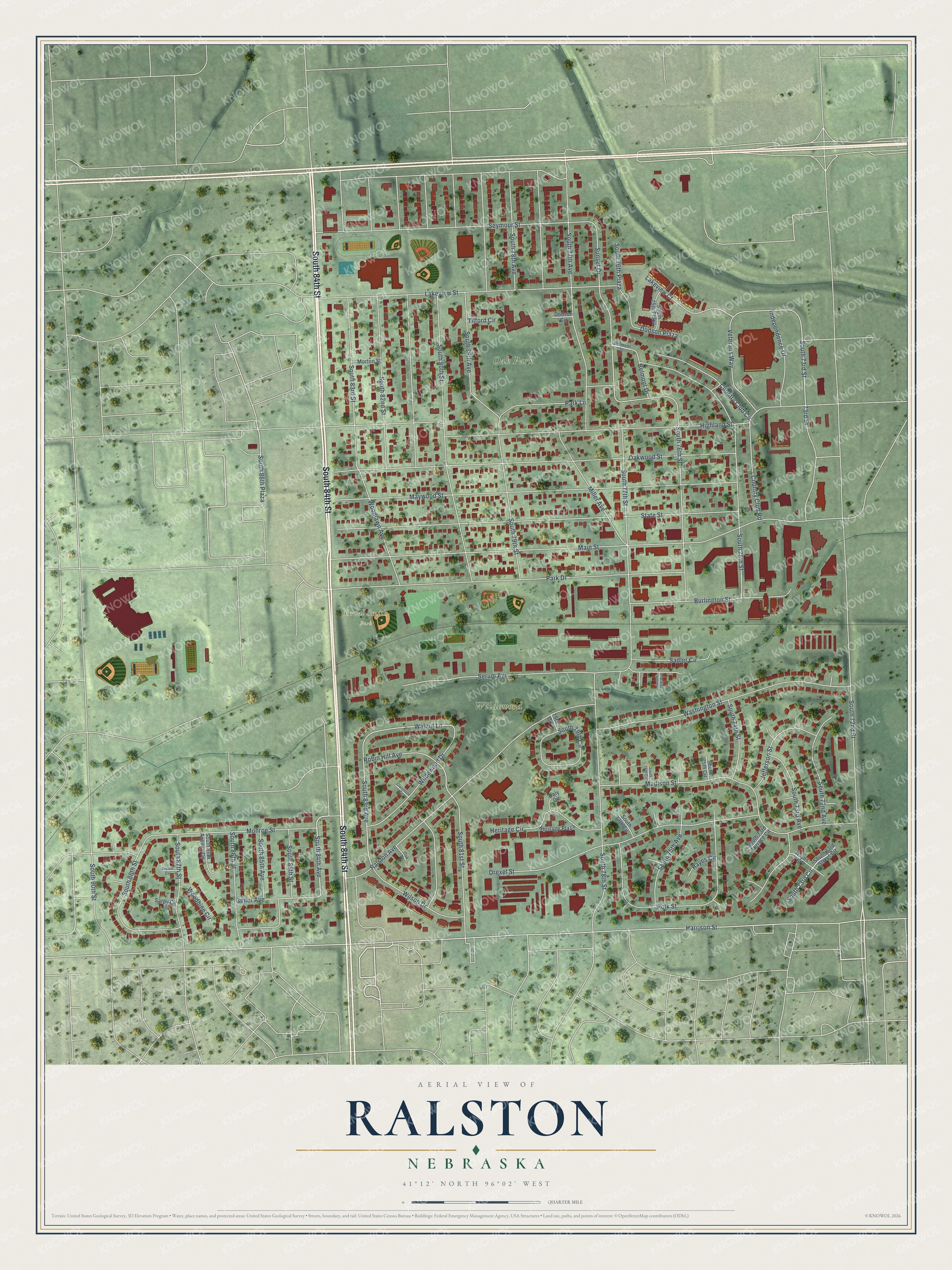 Full map of Ralston, Nebraska, with red buildings, printed street names and the land around them