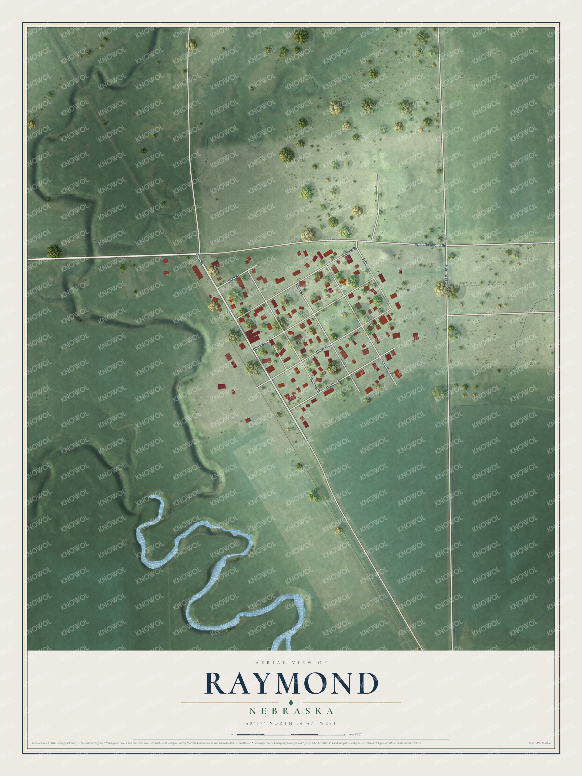 Full map of Raymond, Nebraska, with red buildings, printed street names and the land around them
