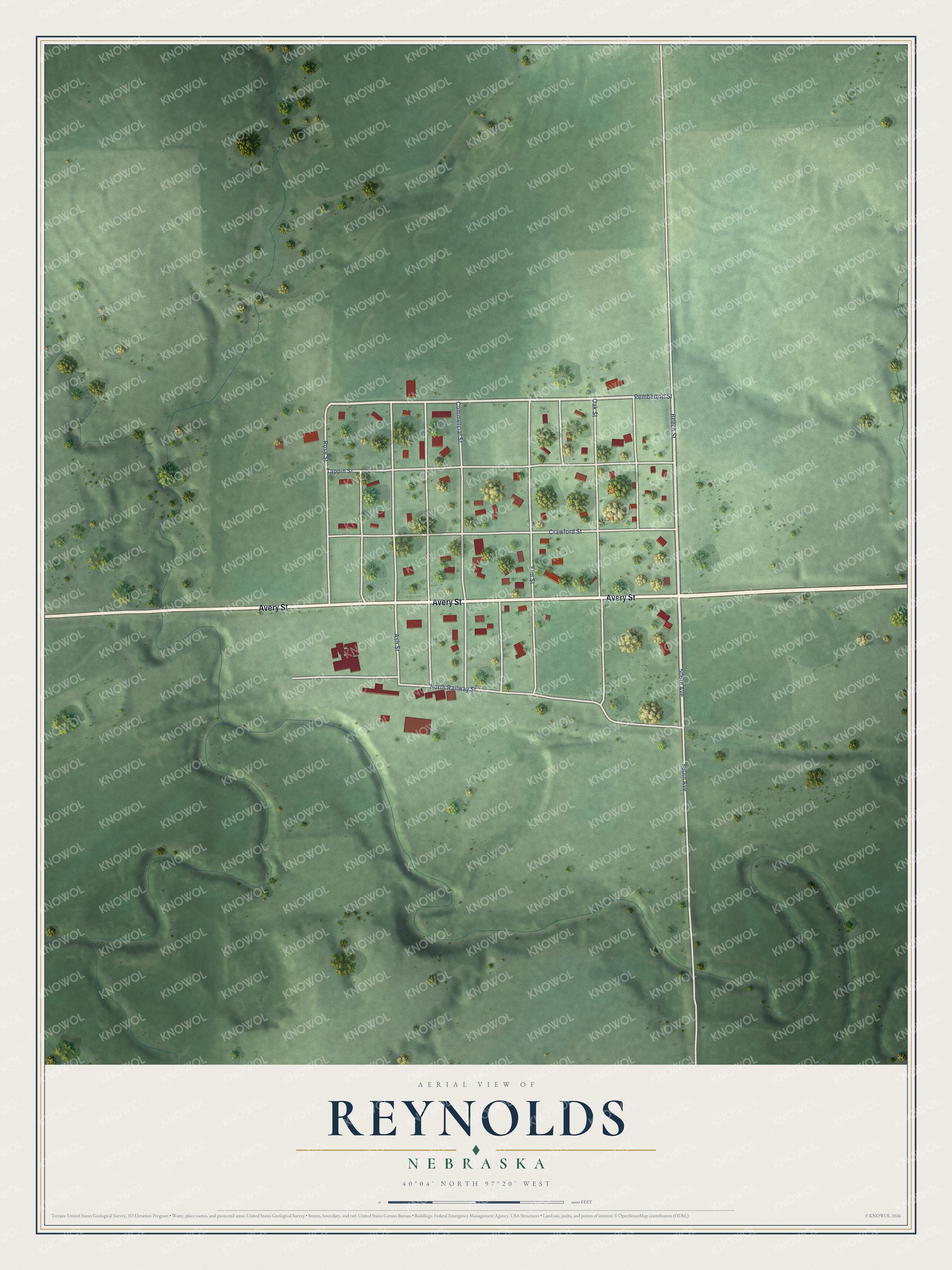 Full map of Reynolds, Nebraska, with red buildings, printed street names and the land around them