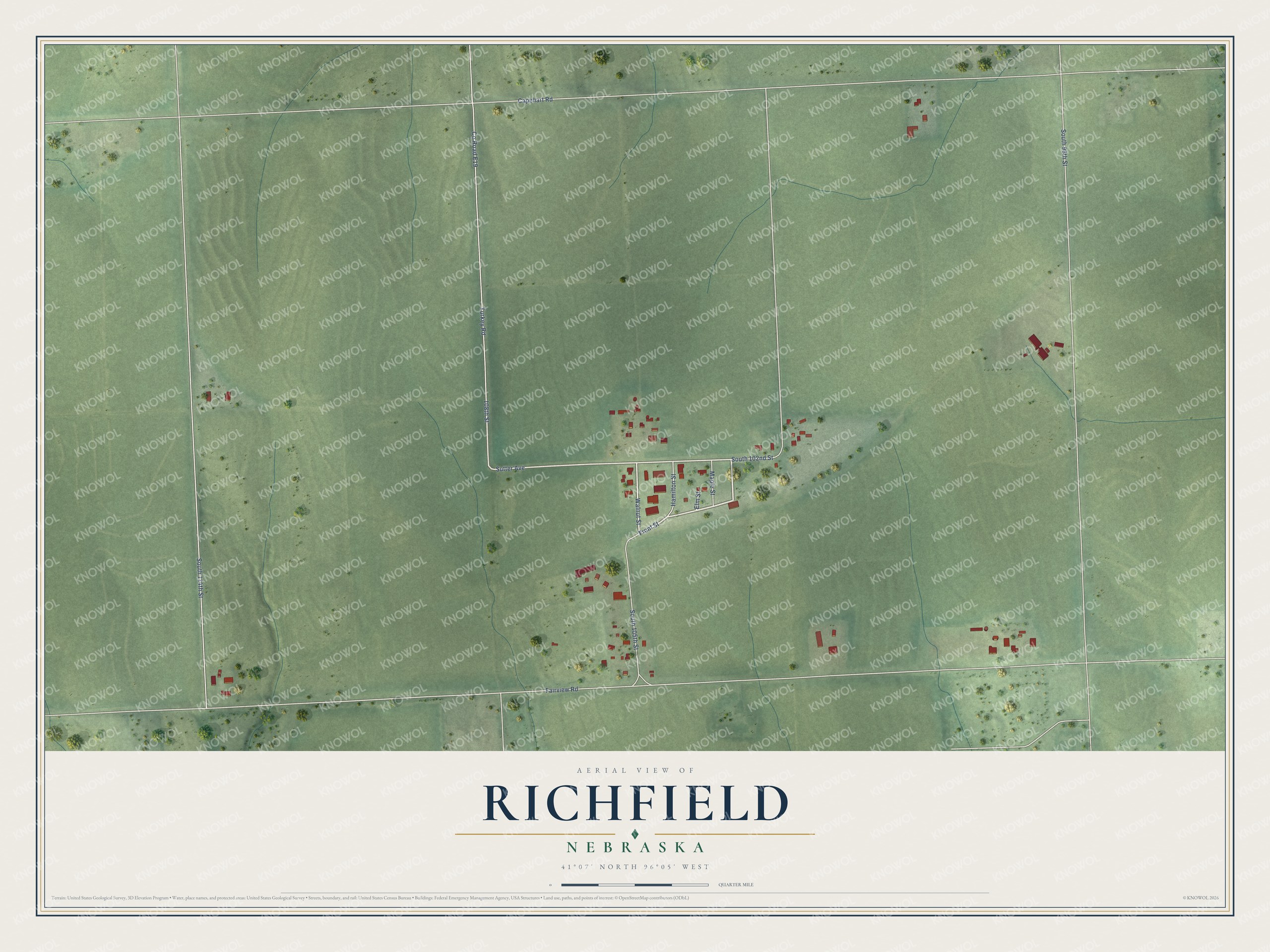 Full map of Richfield, Nebraska, with red buildings, printed street names and the land around them