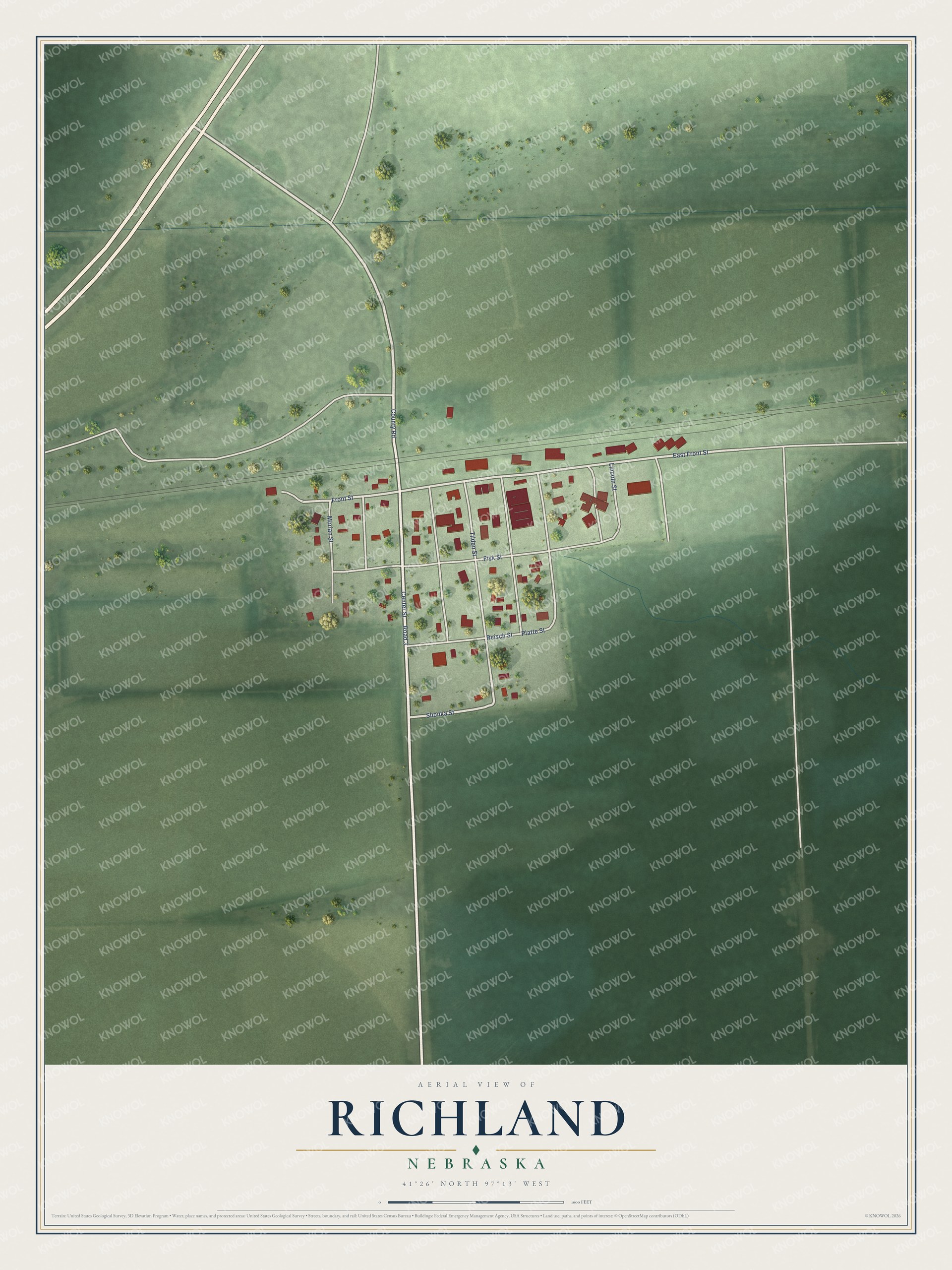 Full map of Richland, Nebraska, with red buildings, printed street names and the land around them