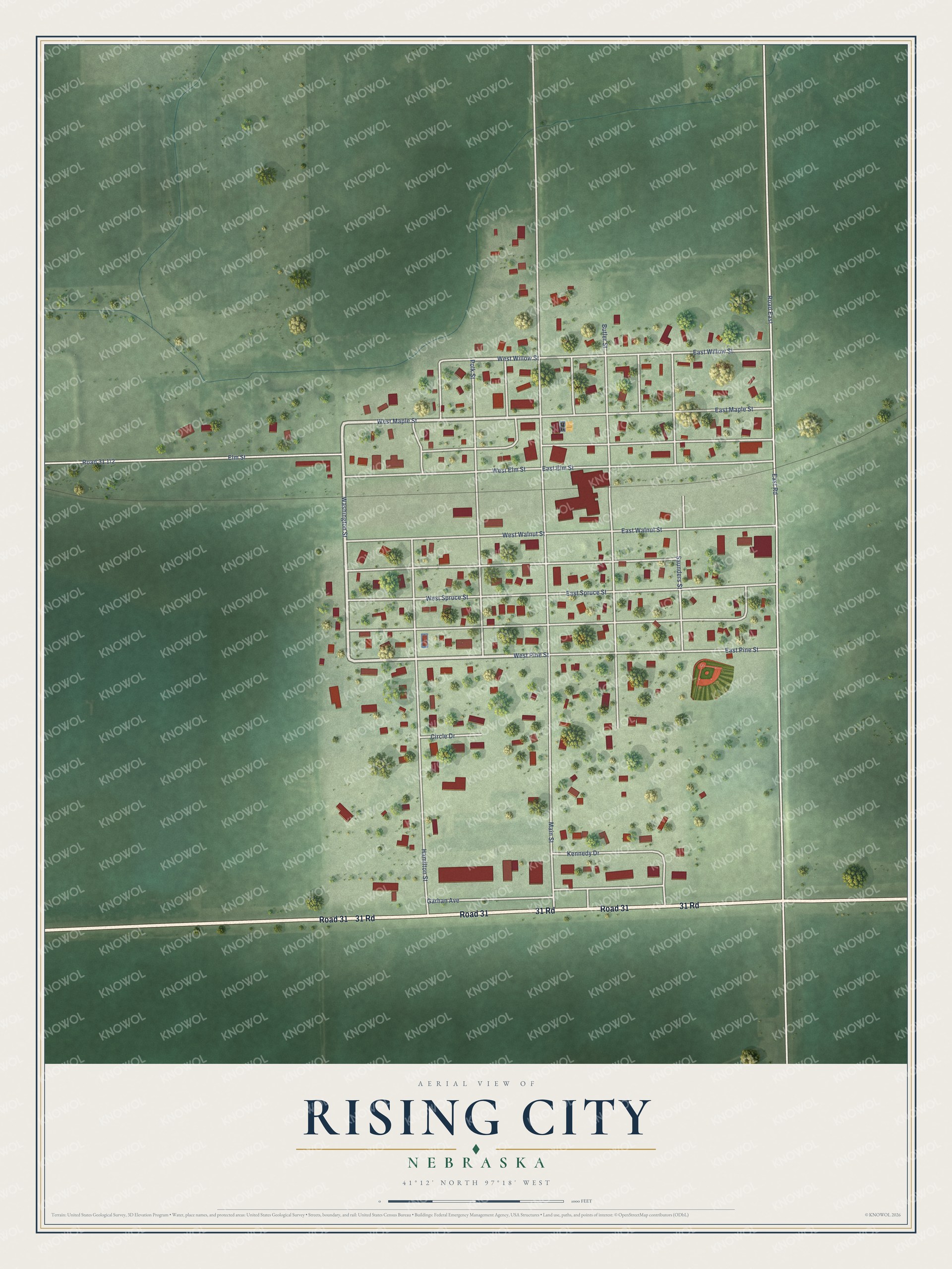 Full map of Rising City, Nebraska, with red buildings, printed street names and the land around them