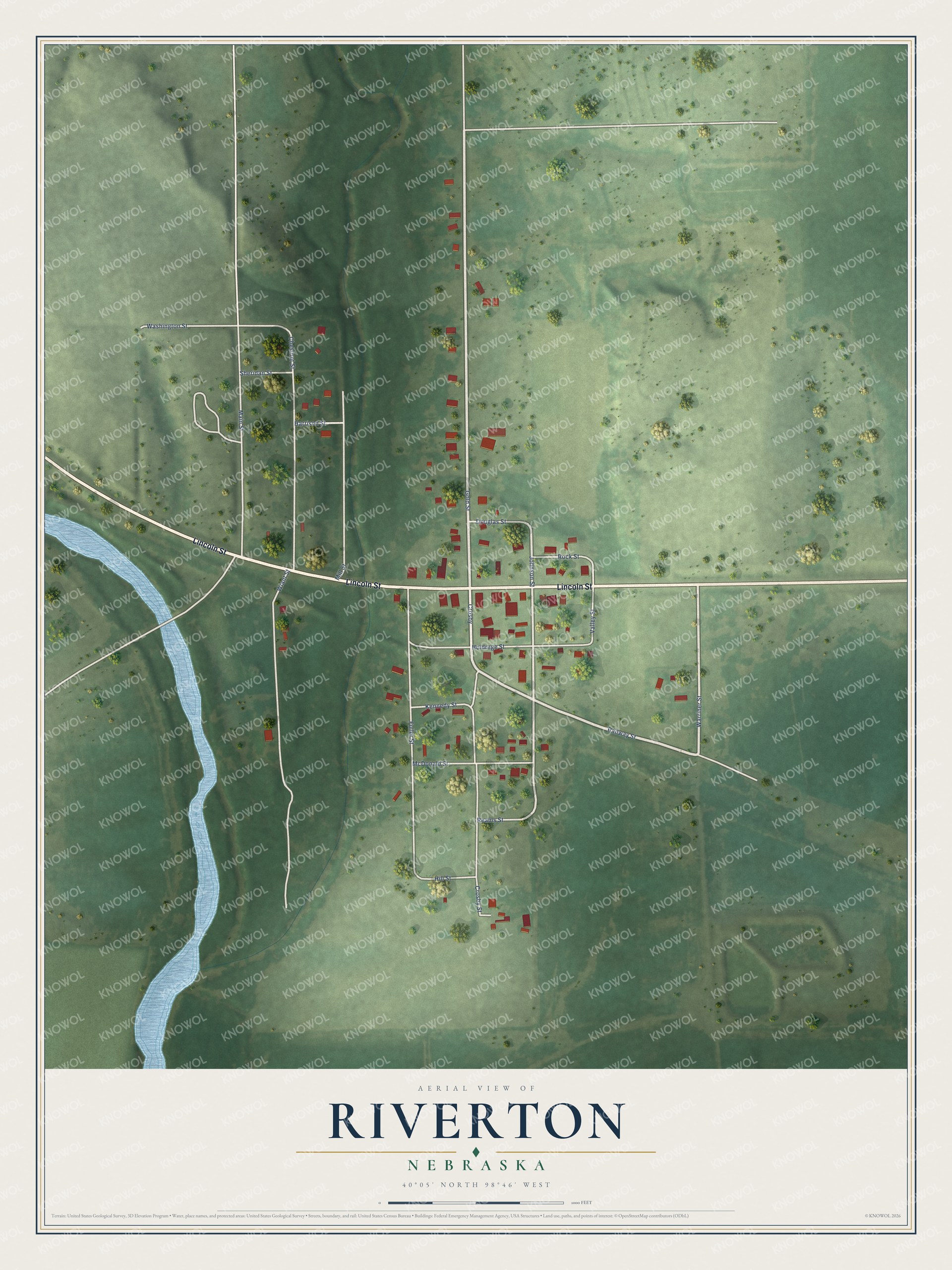 Full map of Riverton, Nebraska, with red buildings, printed street names and the land around them