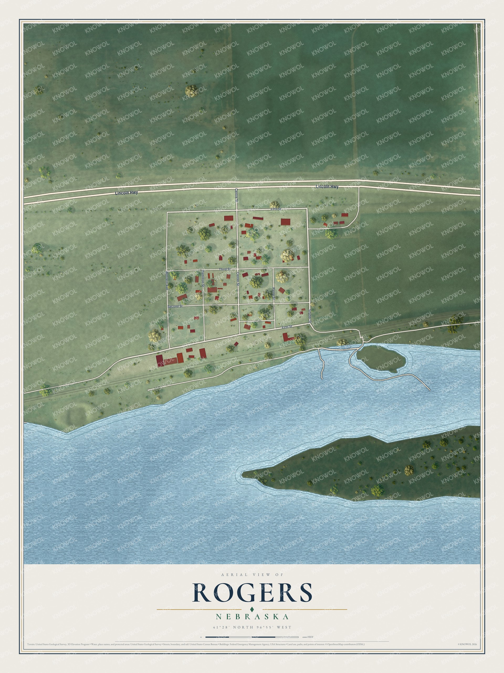 Full map of Rogers, Nebraska, with red buildings, printed street names and the land around them
