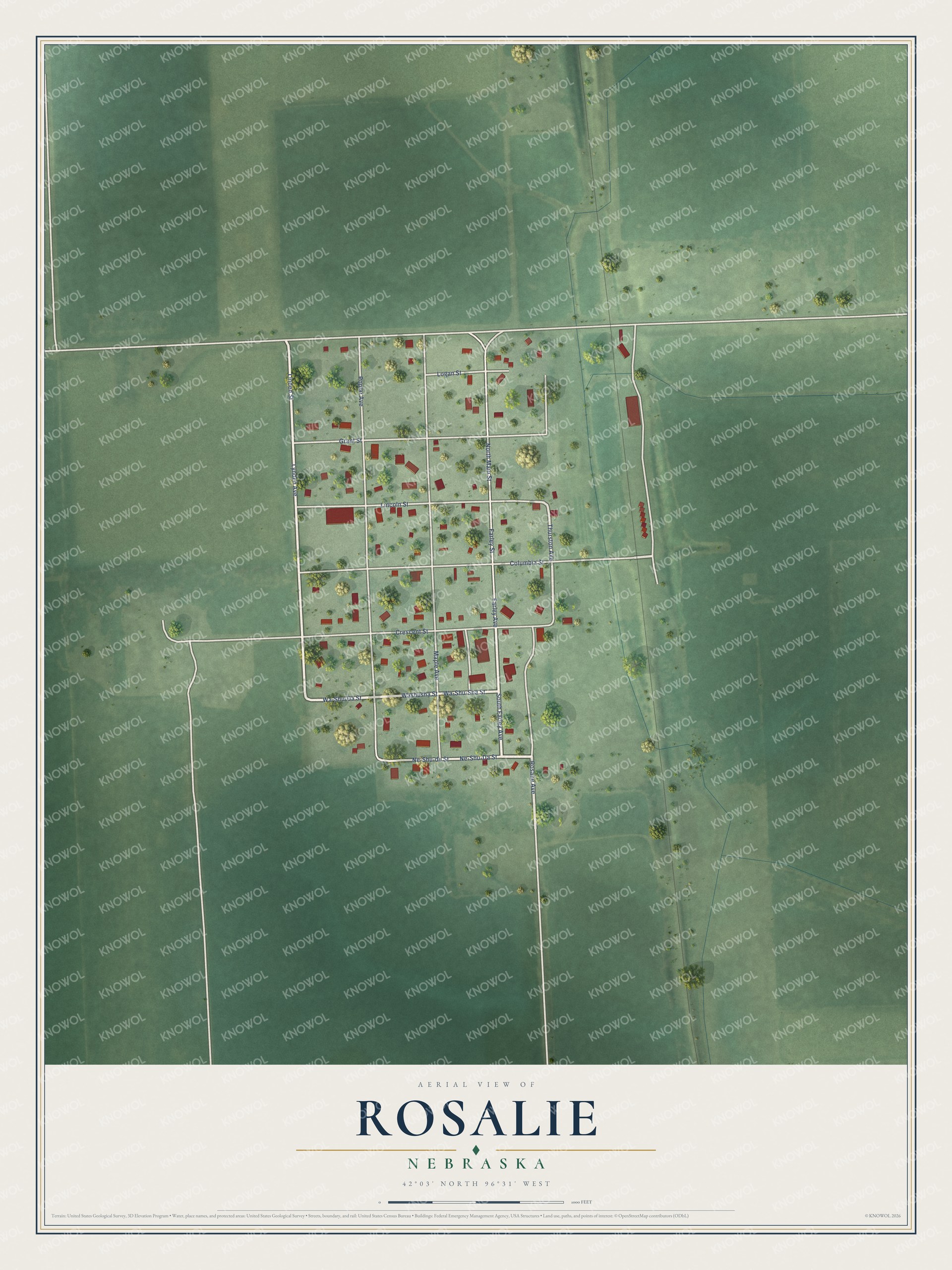 Full map of Rosalie, Nebraska, with red buildings, printed street names and the land around them