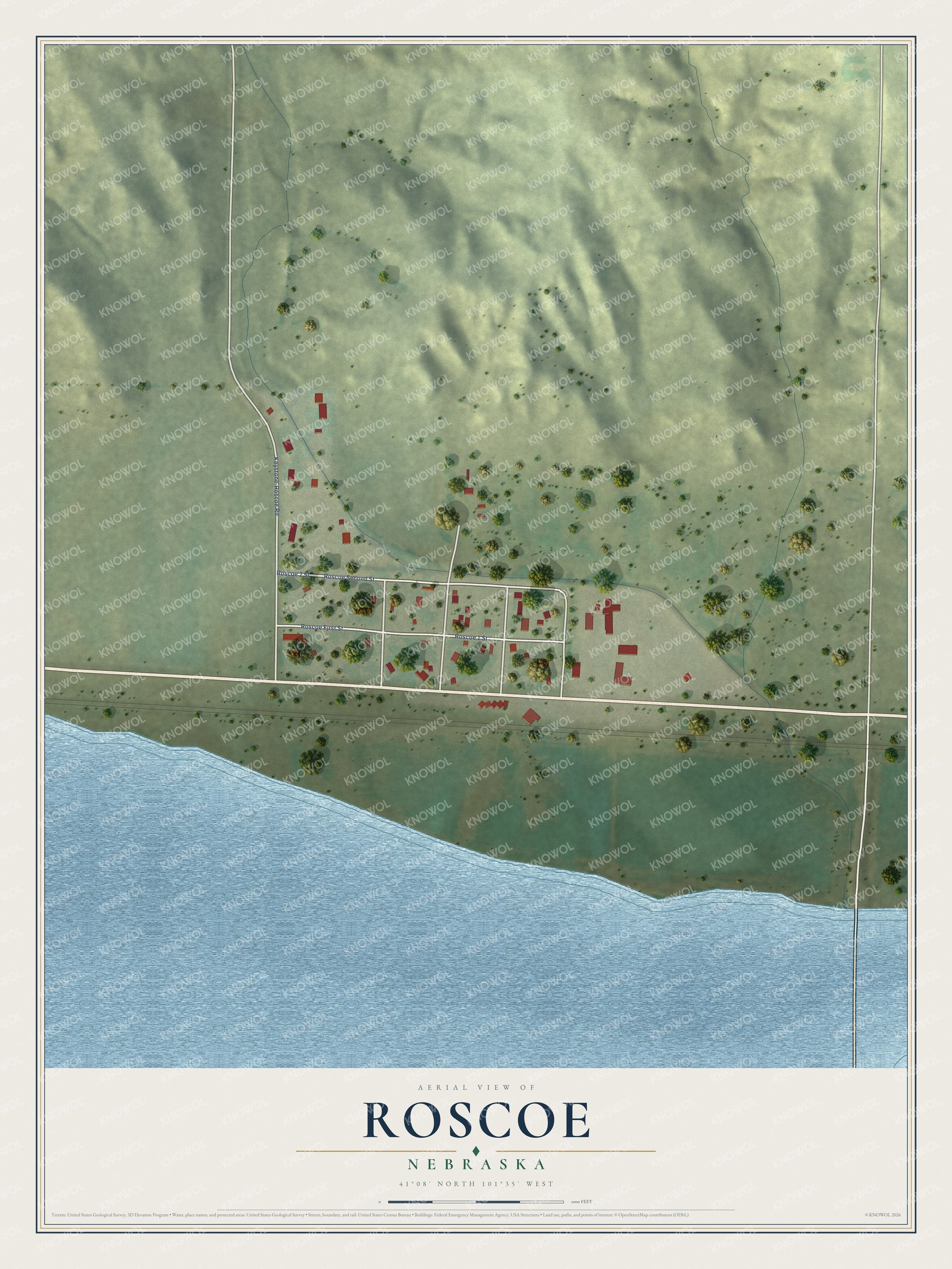 Full map of Roscoe, Nebraska, with red buildings, printed street names and the land around them