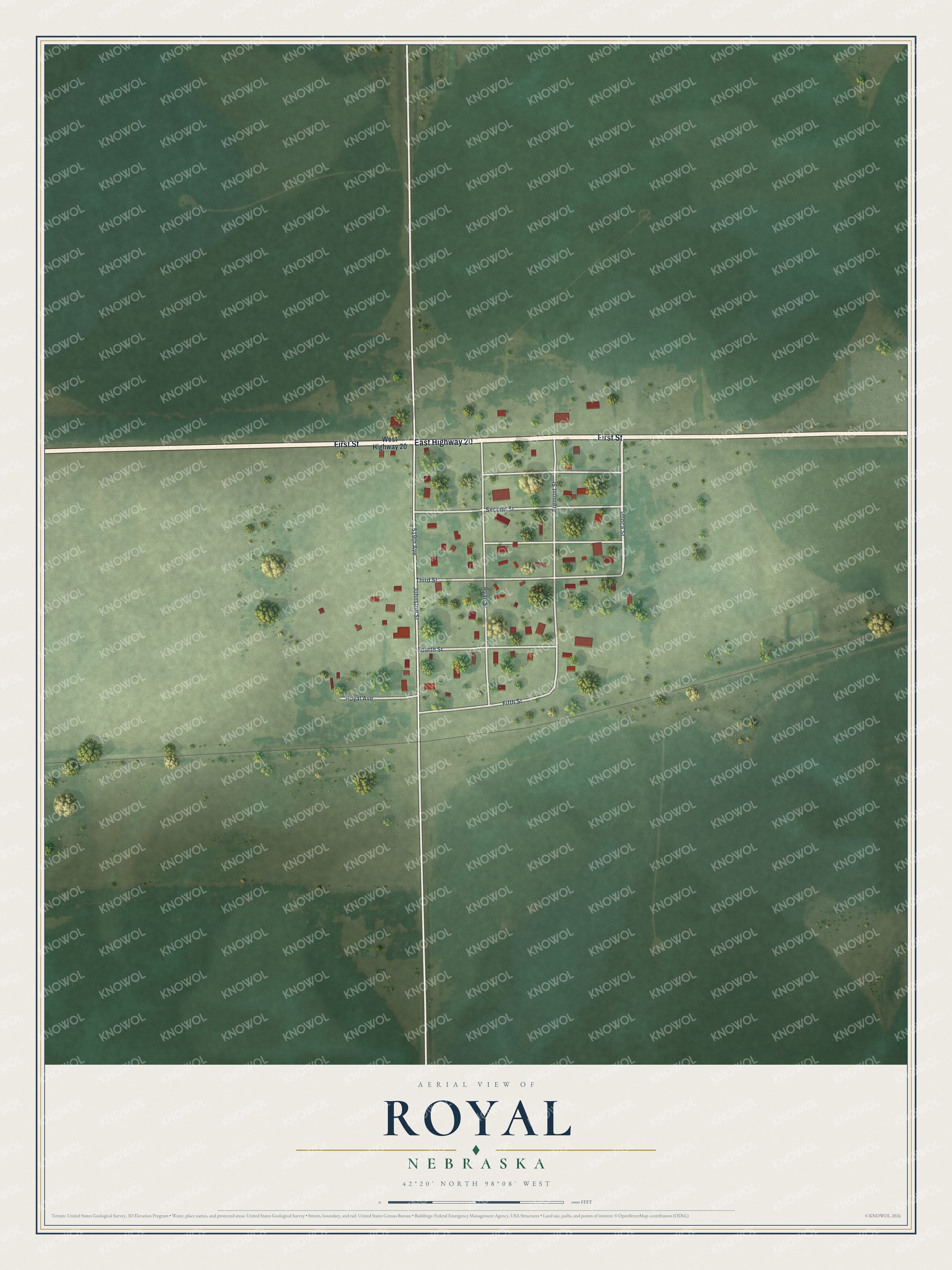 Full map of Royal, Nebraska, with red buildings, printed street names and the land around them