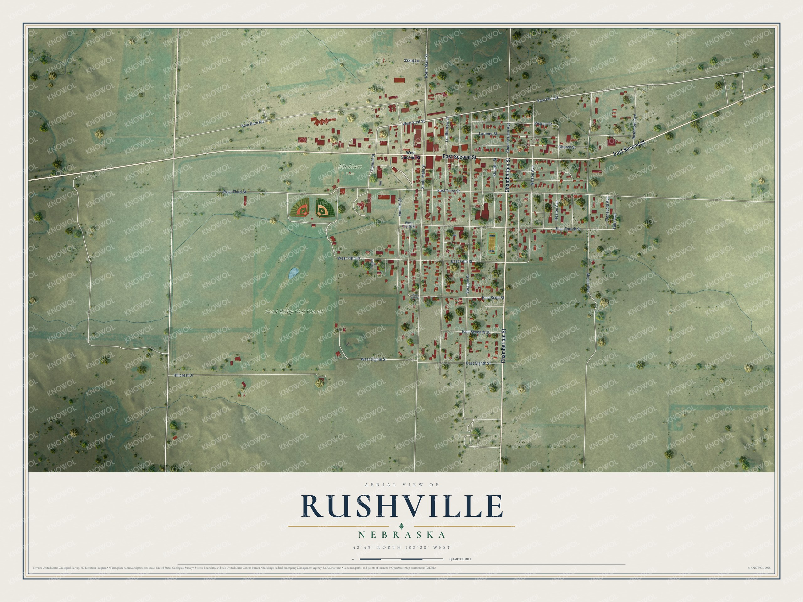 Full map of Rushville, Nebraska, with red buildings, printed street names and the land around them