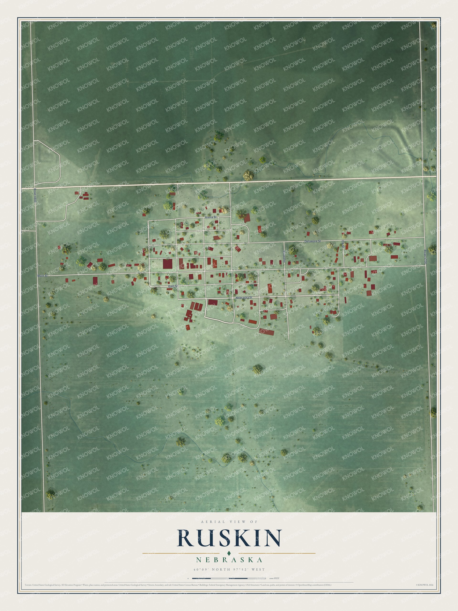 Full map of Ruskin, Nebraska, with red buildings, printed street names and the land around them