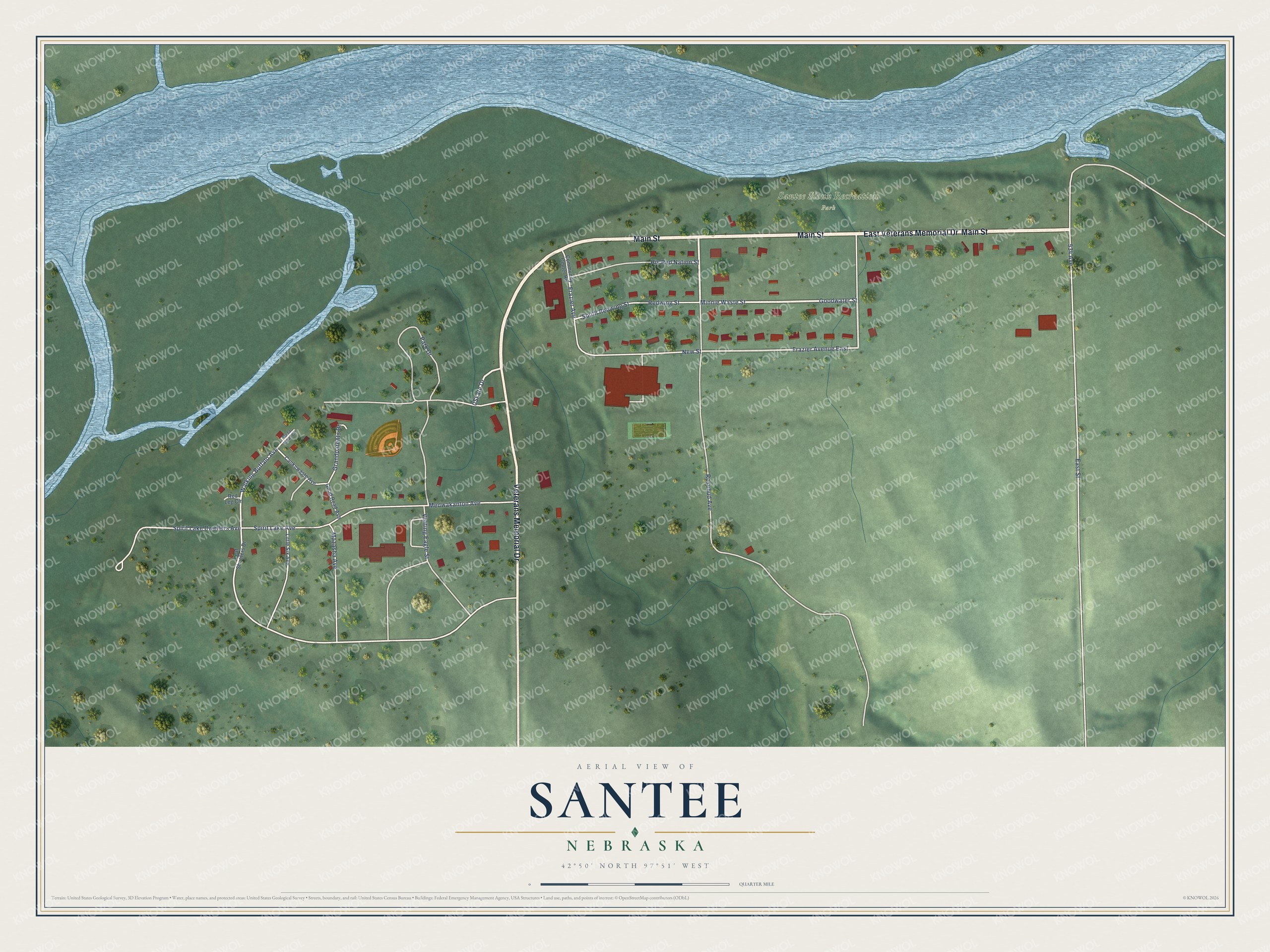 Full map of Santee, Nebraska, with red buildings, printed street names and the land around them